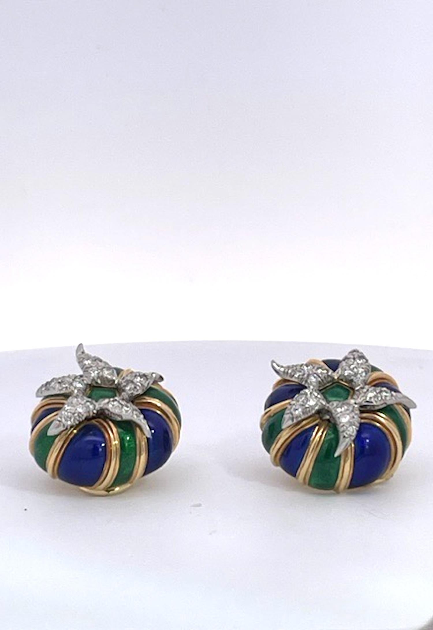 Tiffany Schlumberger Enamel Earrings 18K Diamonds For Sale 1