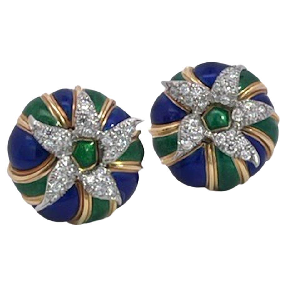 Tiffany Schlumberger Enamel Earrings 18K Diamonds For Sale