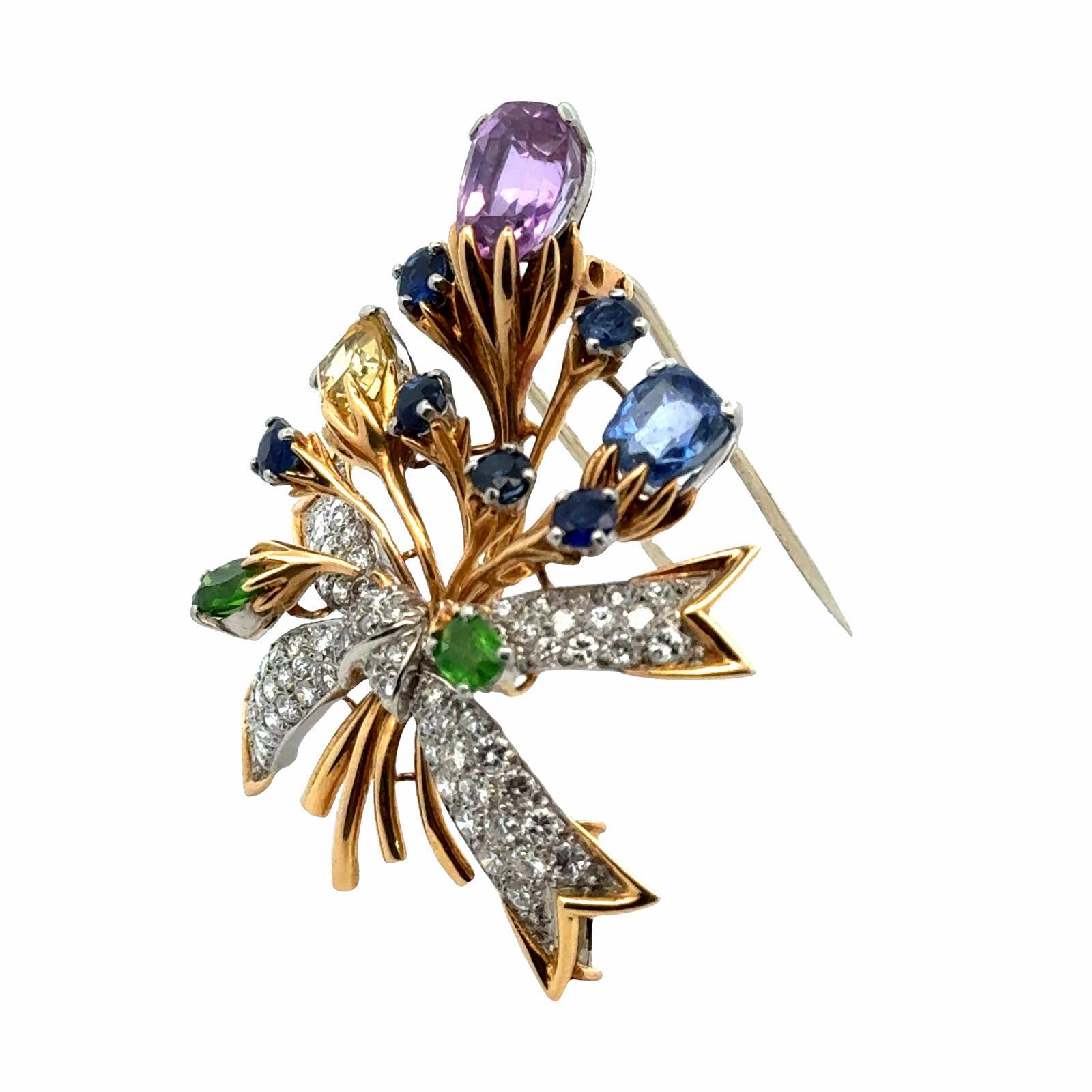Modern Tiffany Schlumberger French Sapphire Diamond Floral Bouquet 18KYG Brooch Pin
