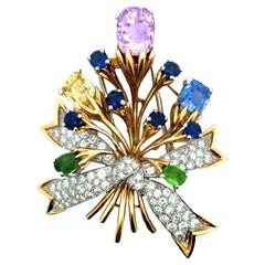 Tiffany Schlumberger French Sapphire Diamond Floral Bouquet 18KYG Brooch Pin