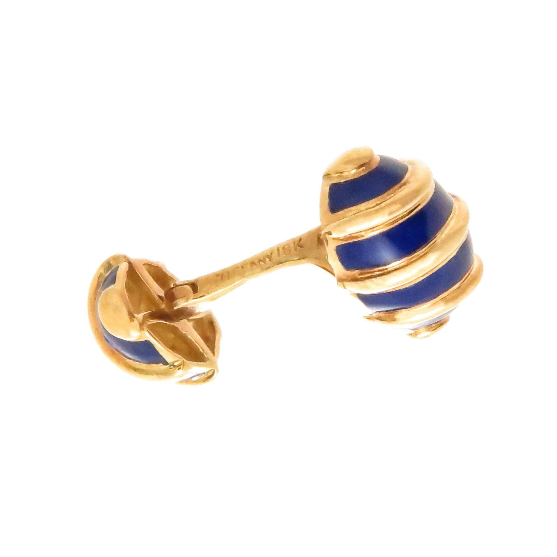 Circa 2000 Jean Schlumberger for Tiffany & Company  18K Yellow Gold and Cobalt Blue Enamel Cufflinks. The Oval Ribbed tops measure 5/8 X 3/8 Inch.