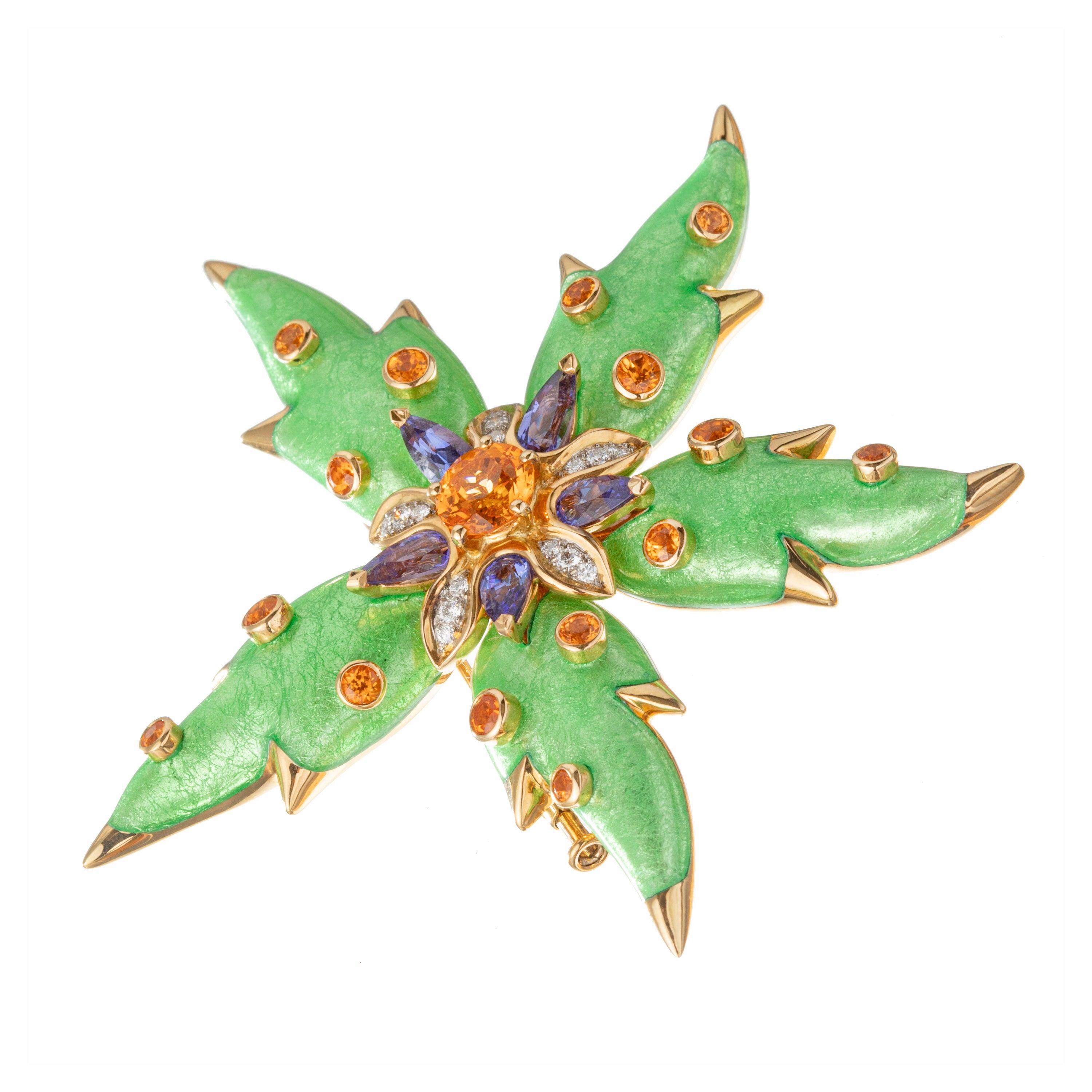 Round Cut Tiffany Schlumberger Green Enamel Garnet Tanzanite Starfish Pin For Sale