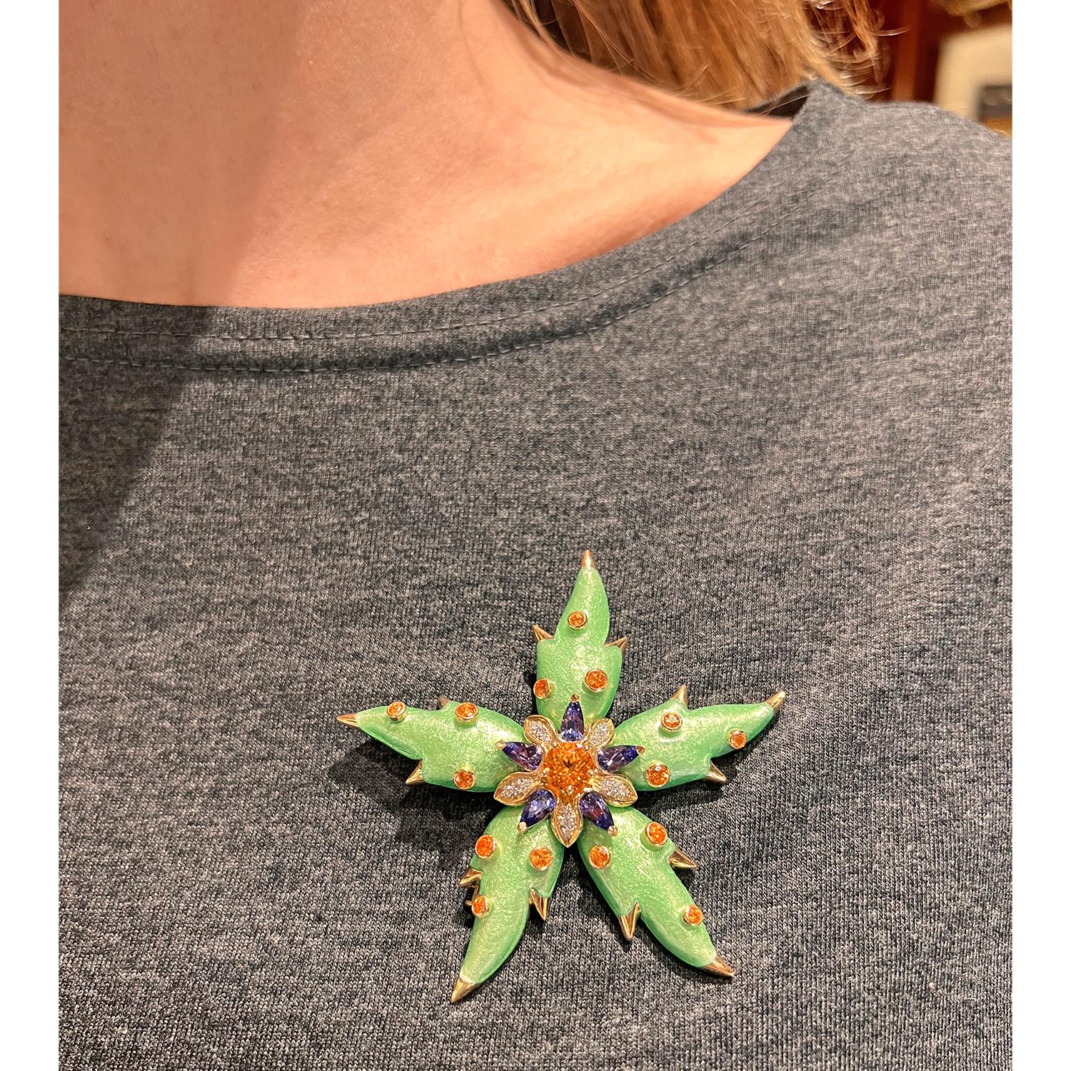 Women's or Men's Tiffany Schlumberger Green Enamel Garnet Tanzanite Starfish Pin For Sale
