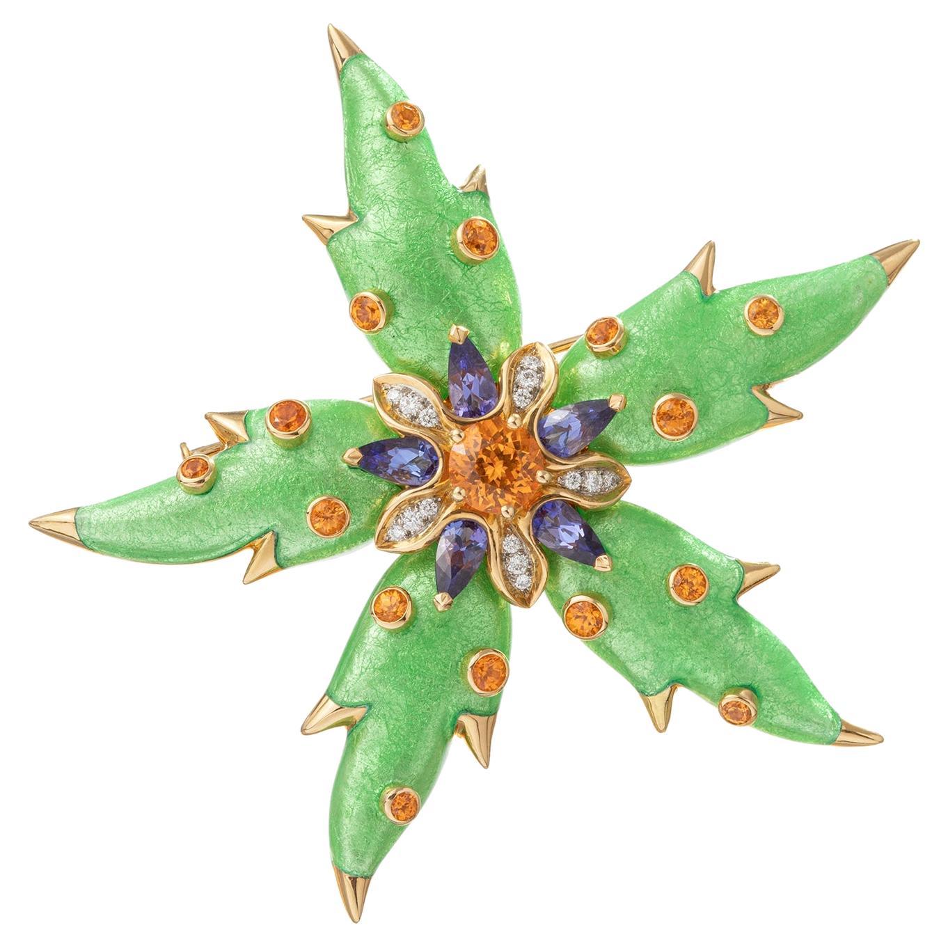 Tiffany Schlumberger Green Enamel Garnet Tanzanite Starfish Pin For Sale