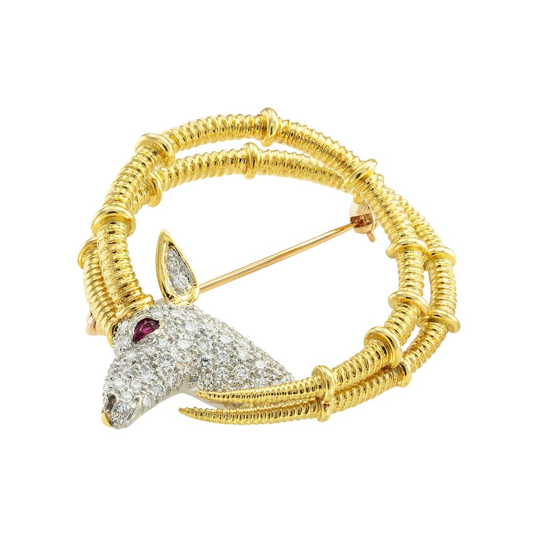 Mixed Cut Tiffany Schlumberger Ibex Diamond Ruby Yellow Gold Platinum Brooch