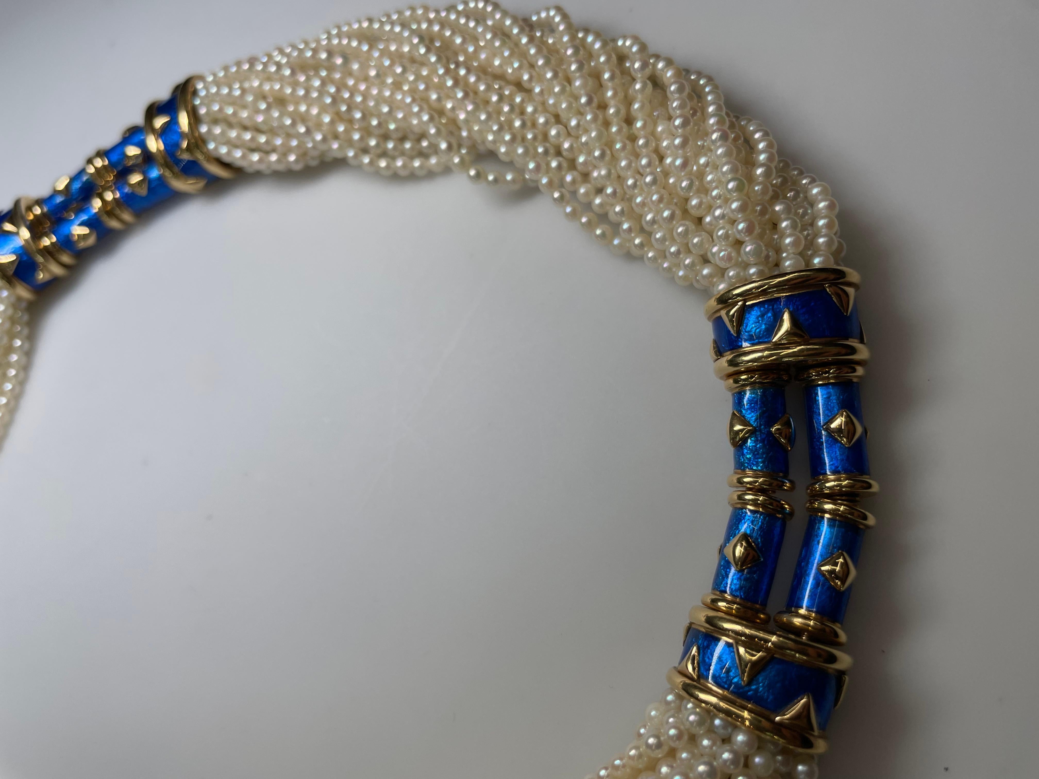 Modern Tiffany, Schlumberger Multistrand Pearl, Gold and Blue Paillonné Necklace For Sale