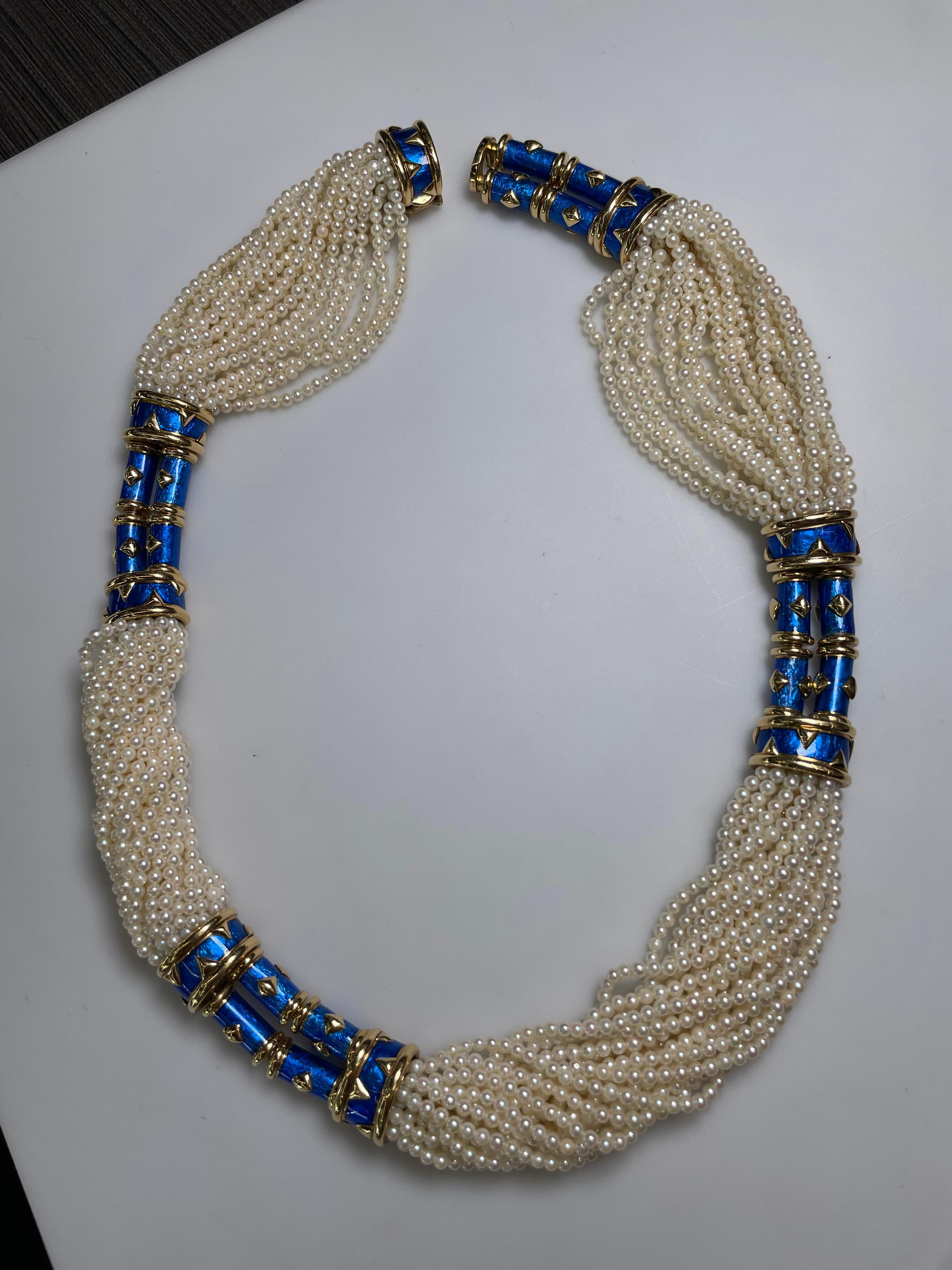 Round Cut Tiffany, Schlumberger Multistrand Pearl, Gold and Blue Paillonné Necklace For Sale