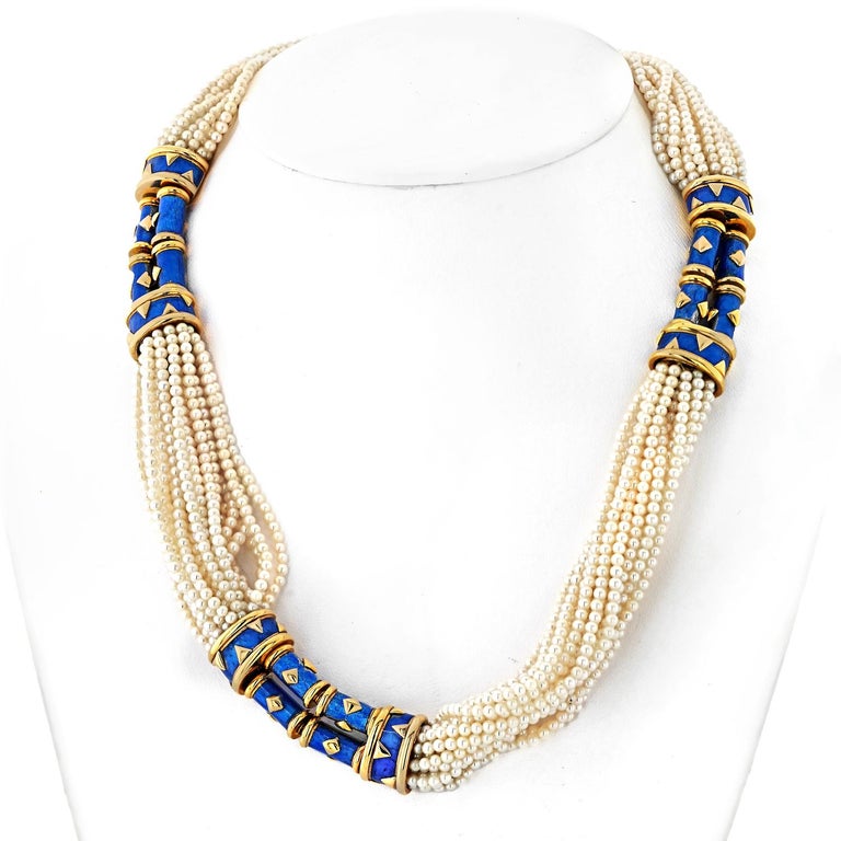 Tiffany, Schlumberger Multistrand Pearl, Gold and Blue Paillonné ...