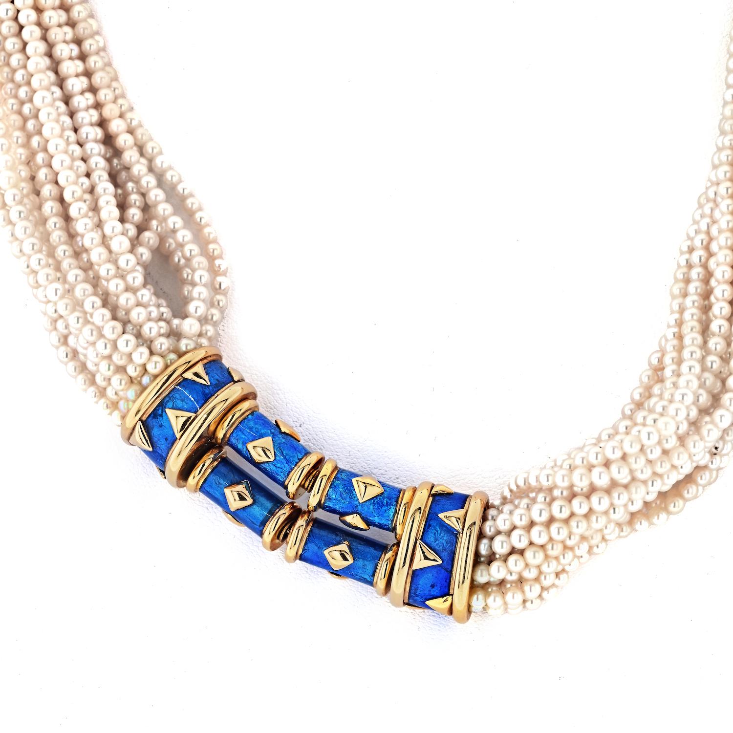 Tiffany, Schlumberger Mehrreihiges Collier aus Perlen, Gold und blauem Paillonné im Angebot 3