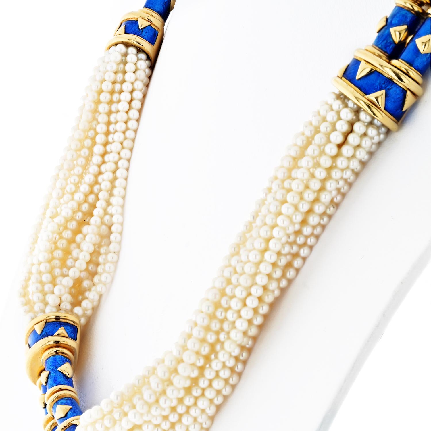Tiffany, Schlumberger Multistrand Pearl, Gold and Blue Paillonné Necklace For Sale 1