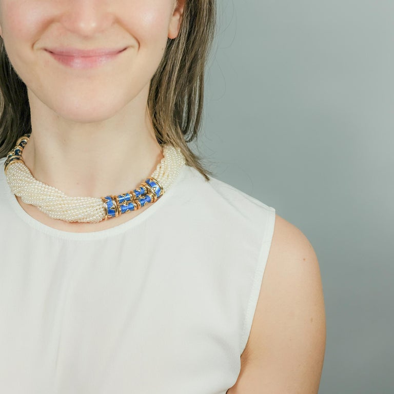 Tiffany, Schlumberger Multistrand Pearl, Gold and Blue Paillonné ...