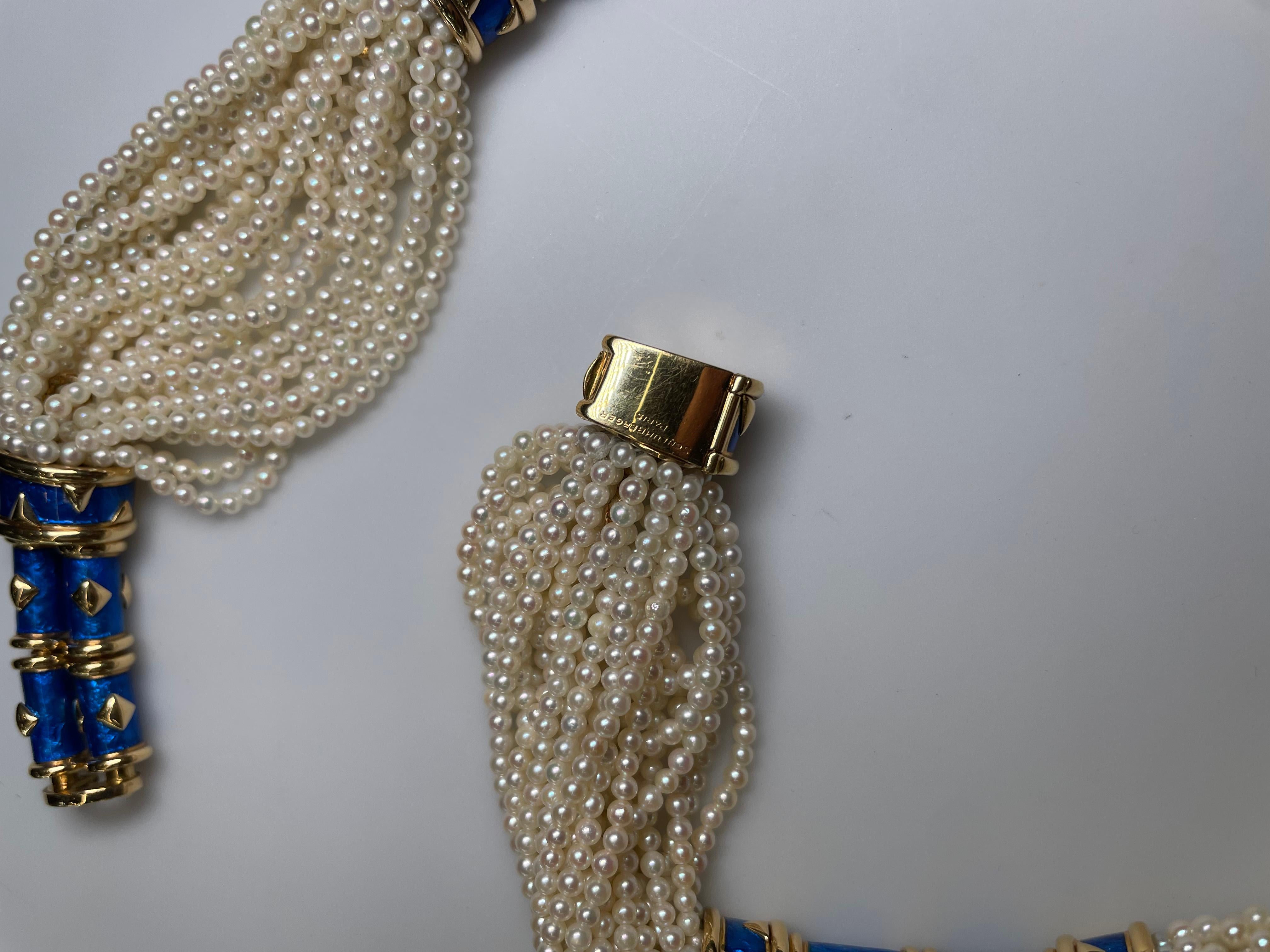 Tiffany, Schlumberger Mehrreihiges Collier aus Perlen, Gold und blauem Paillonné im Zustand „Hervorragend“ im Angebot in New York, NY