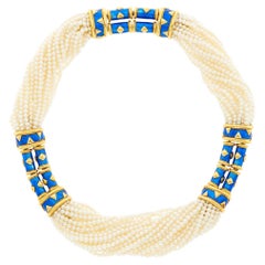 Tiffany, Schlumberger Multistrand Pearl, Gold and Blue Paillonné Necklace