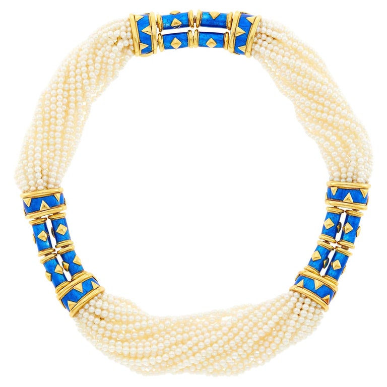 Tiffany, Schlumberger Multistrand Pearl, Gold and Blue Paillonné ...