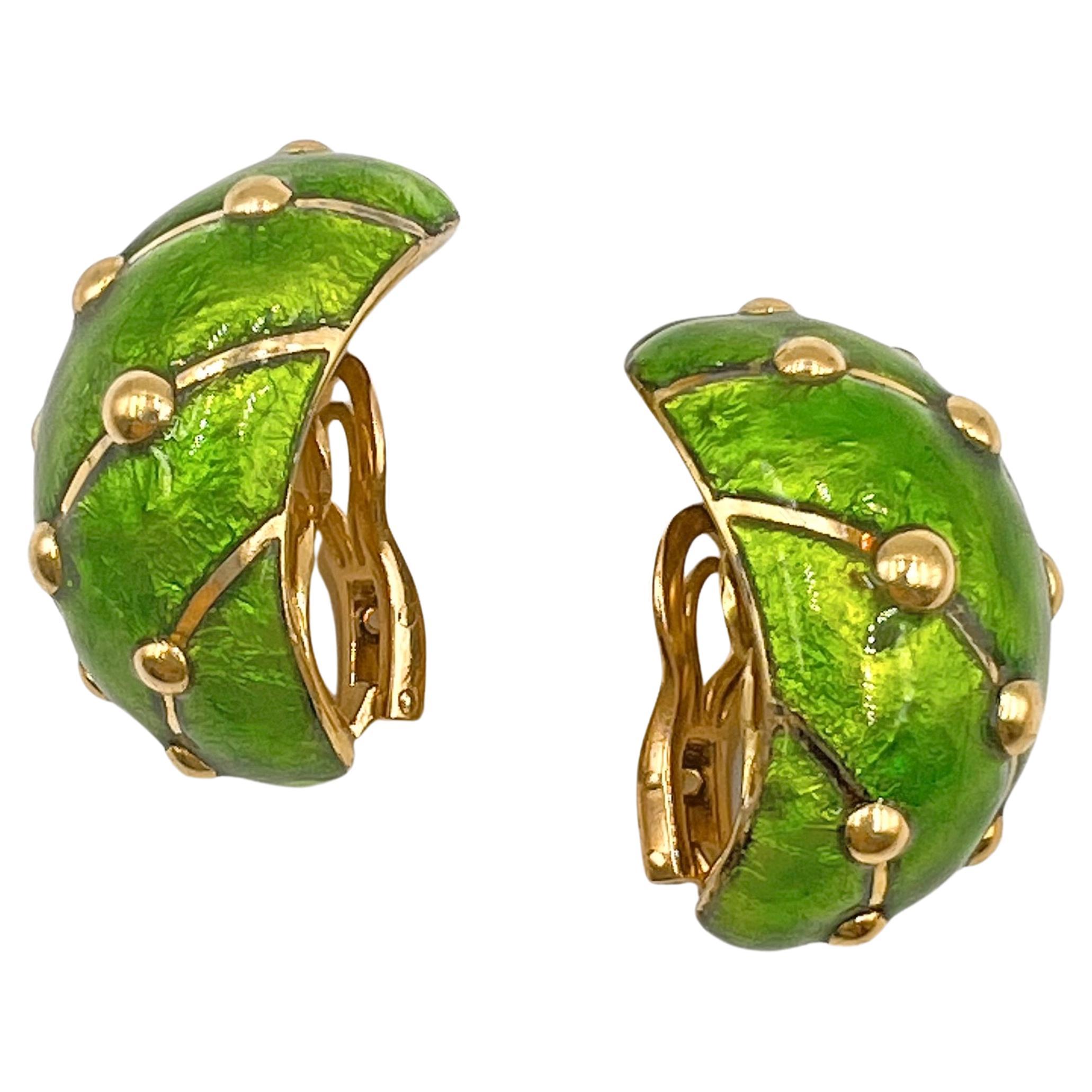 Half-hoop earrings, crafted in bright green enamel offset by raised diagonal gold stripes with domed gold bead accents, in polished 18k yellow gold.  Clip backs.  Signed 'SCHLUMBERGER PARIS'.  1.10