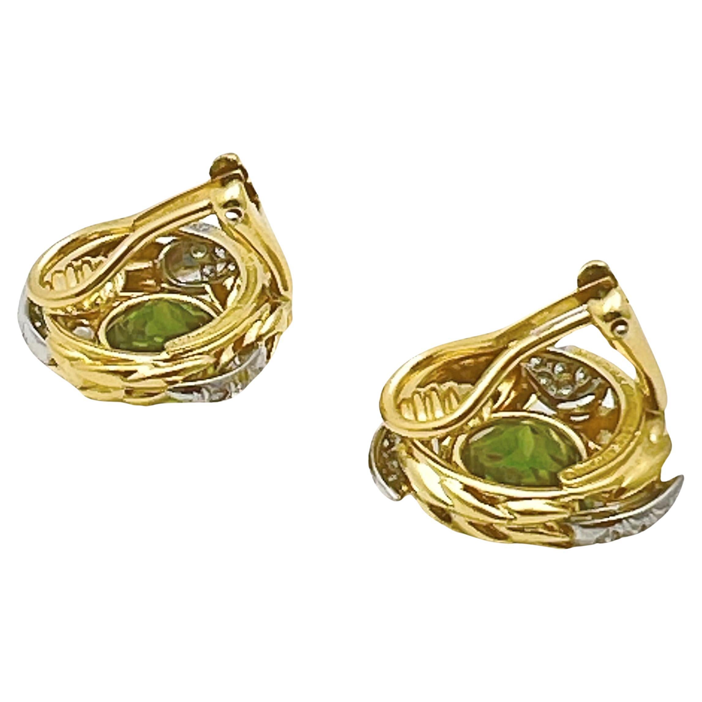 Round Cut Tiffany Schlumberger Peridot Diamond Clip Earrings