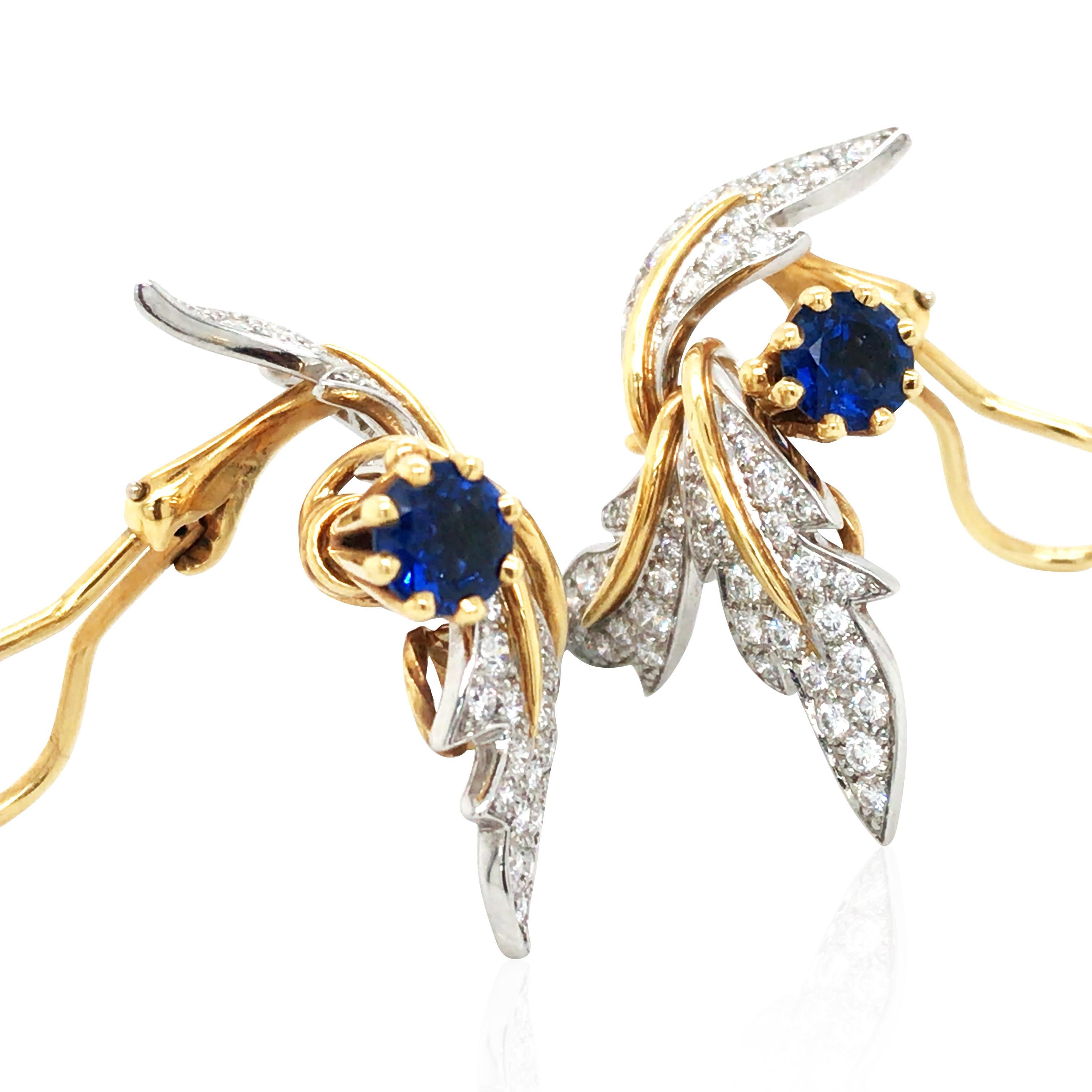 Round Cut Tiffany Schlumberger, Platinum 18K Gold Sapphire Diamond Earrings