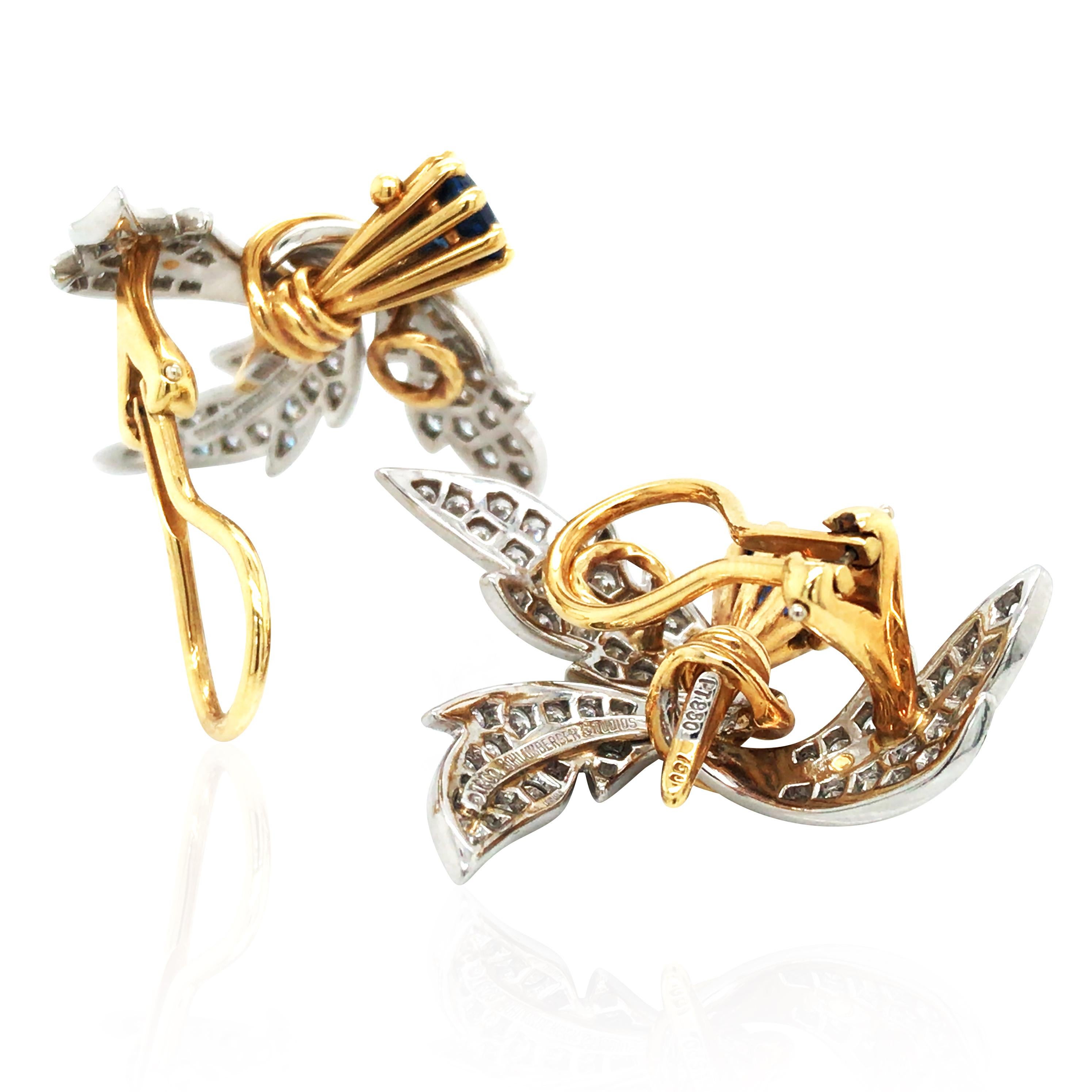 Tiffany Schlumberger, Platinum 18K Gold Sapphire Diamond Earrings In Good Condition In New York, NY