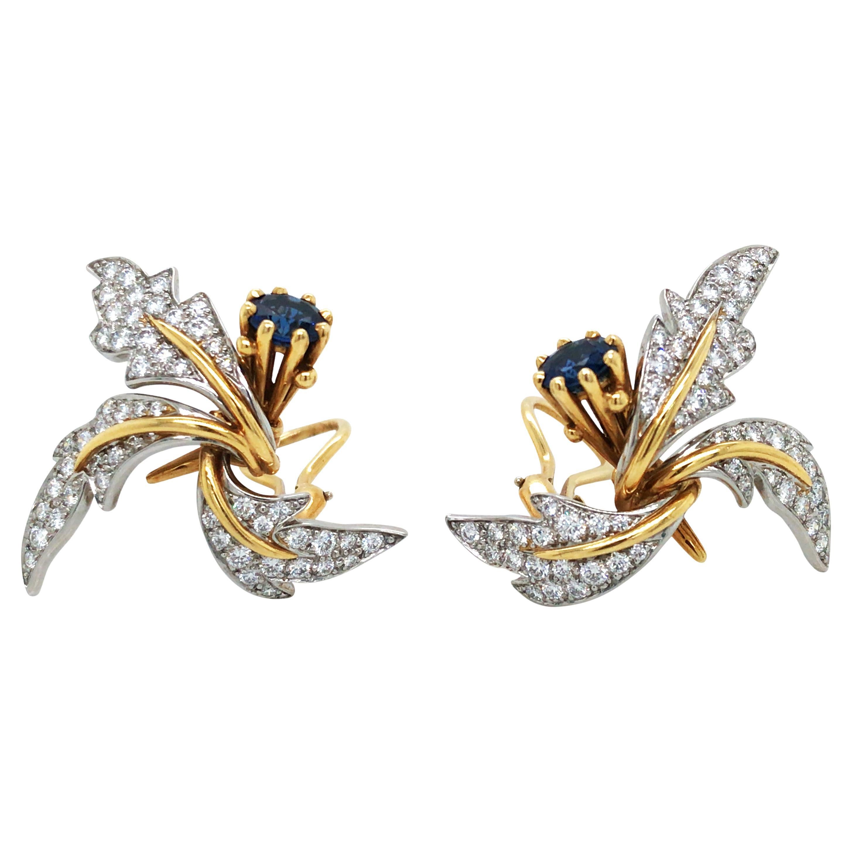 Tiffany Schlumberger, Platinum 18K Gold Sapphire Diamond Earrings