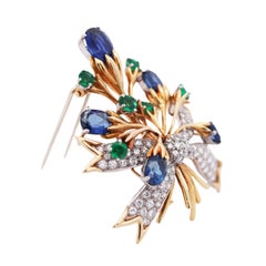 Tiffany Schlumberger, Platinum 18K Gold Sapphire Emerald Diamond Flower Brooch