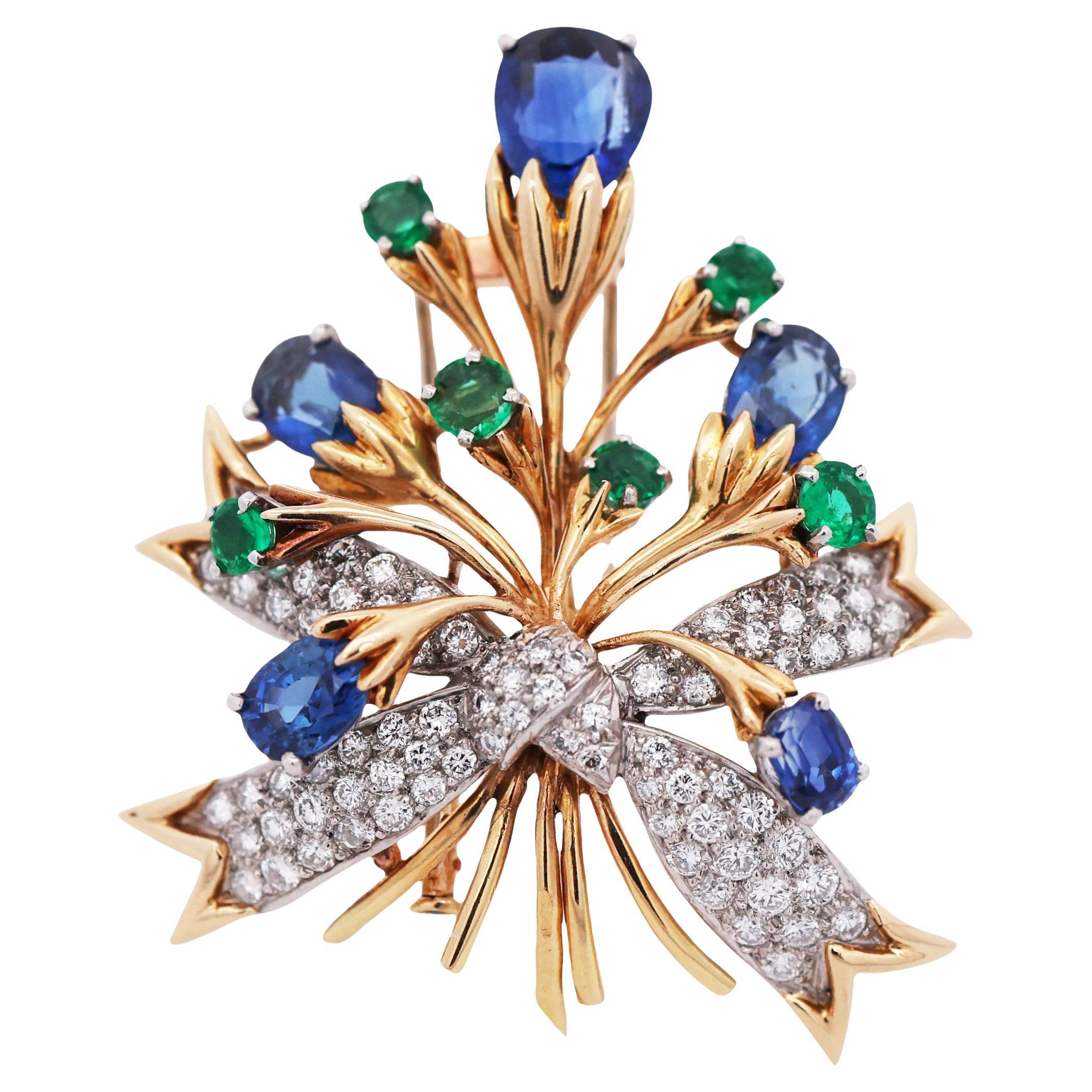 Tiffany Schlumberger, Platinum 18K Gold Sapphire Emerald Diamond Flower Brooch