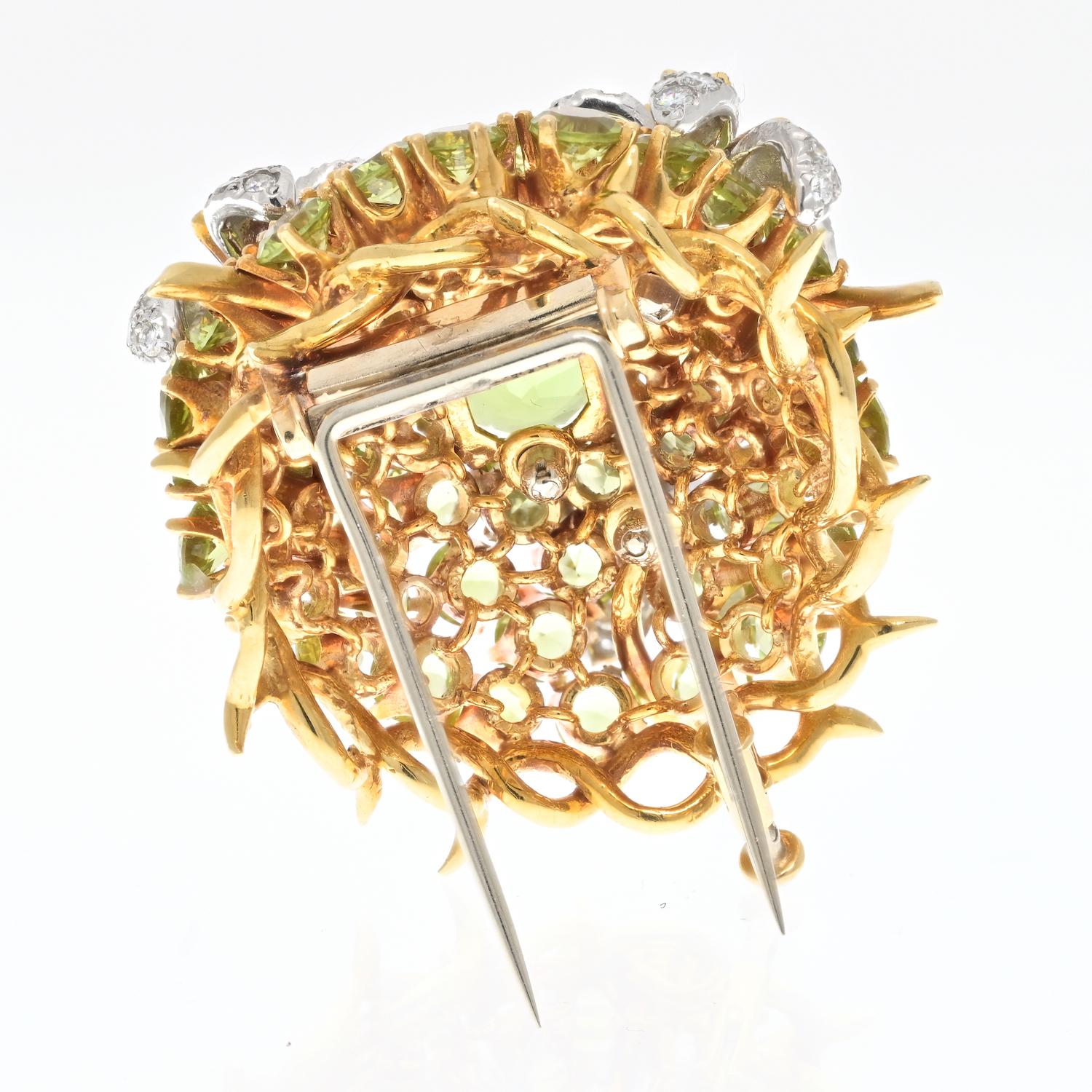 Modern Tiffany, Schlumberger Platinum and 18K Gold Oval Cut Peridot and Diamond Brooch For Sale