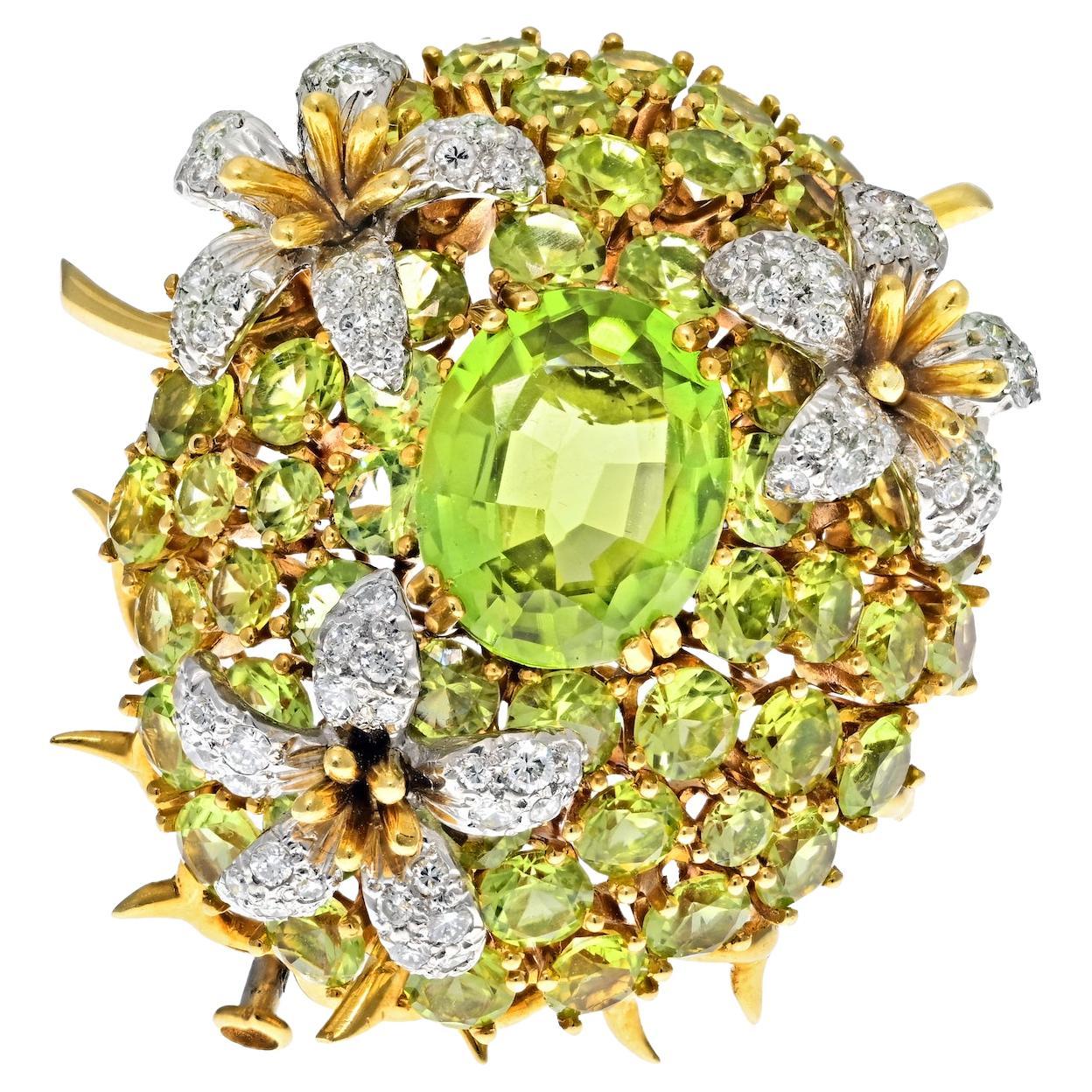 Tiffany, Schlumberger Platinum and 18K Gold Oval Cut Peridot and Diamond Brooch For Sale