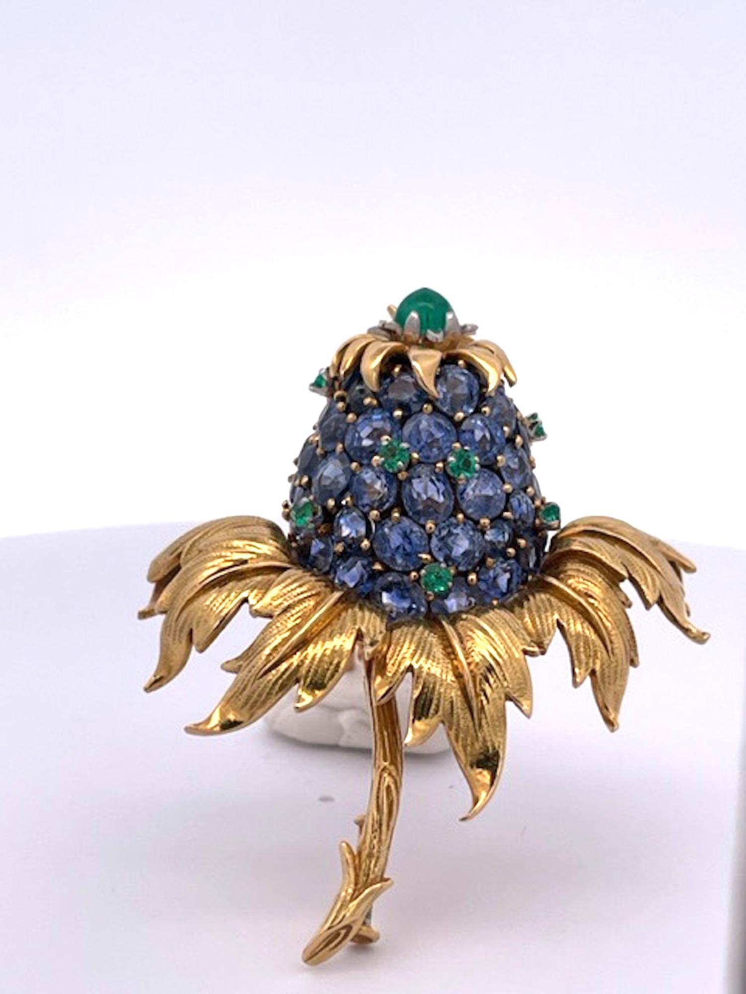 Tiffany Schlumberger Thistle Brooch Sapphires In Excellent Condition For Sale In North Hollywood, CA