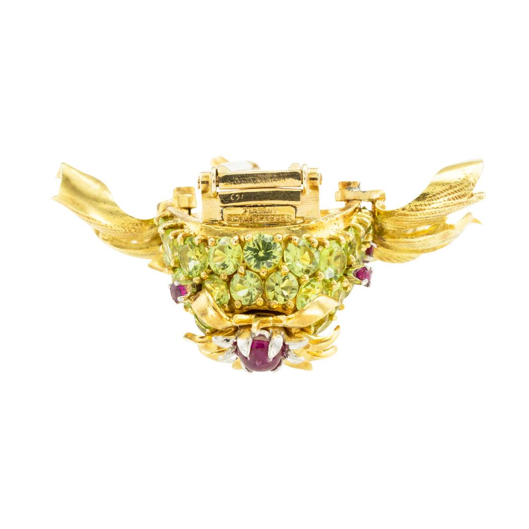 Modern Tiffany Schlumberger Thistle Clip Brooch Peridot Ruby Yellow Gold For Sale