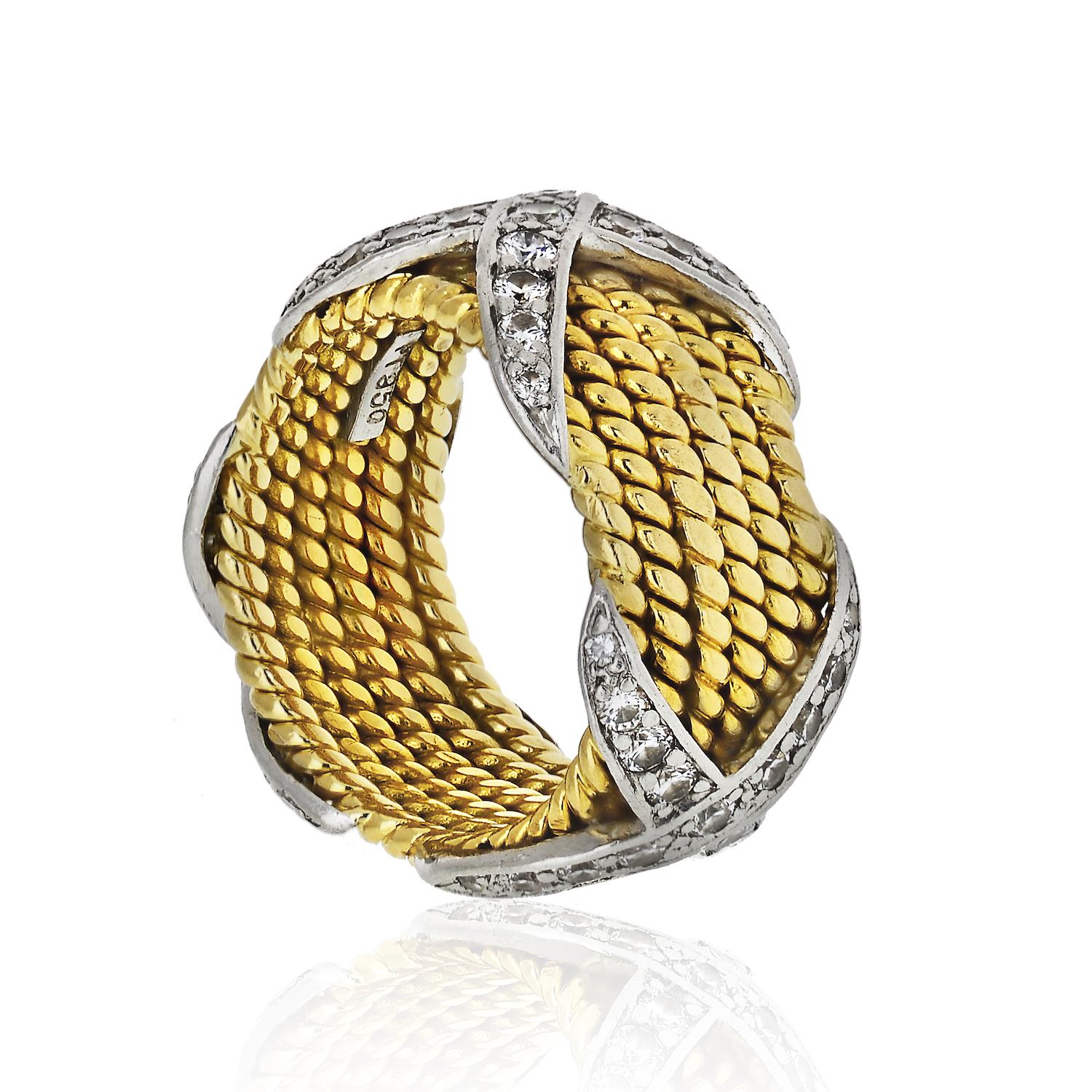 Tiffany Schlumberger X Six Row 5 Rope Ring 18K Yellow Gold Platinum.

Jean Schlumberger's visionary creations are among the world's most intricate designs.
Dazzling diamonds elegantly accentuate this ring's twisted wire design.
18k gold and platinum