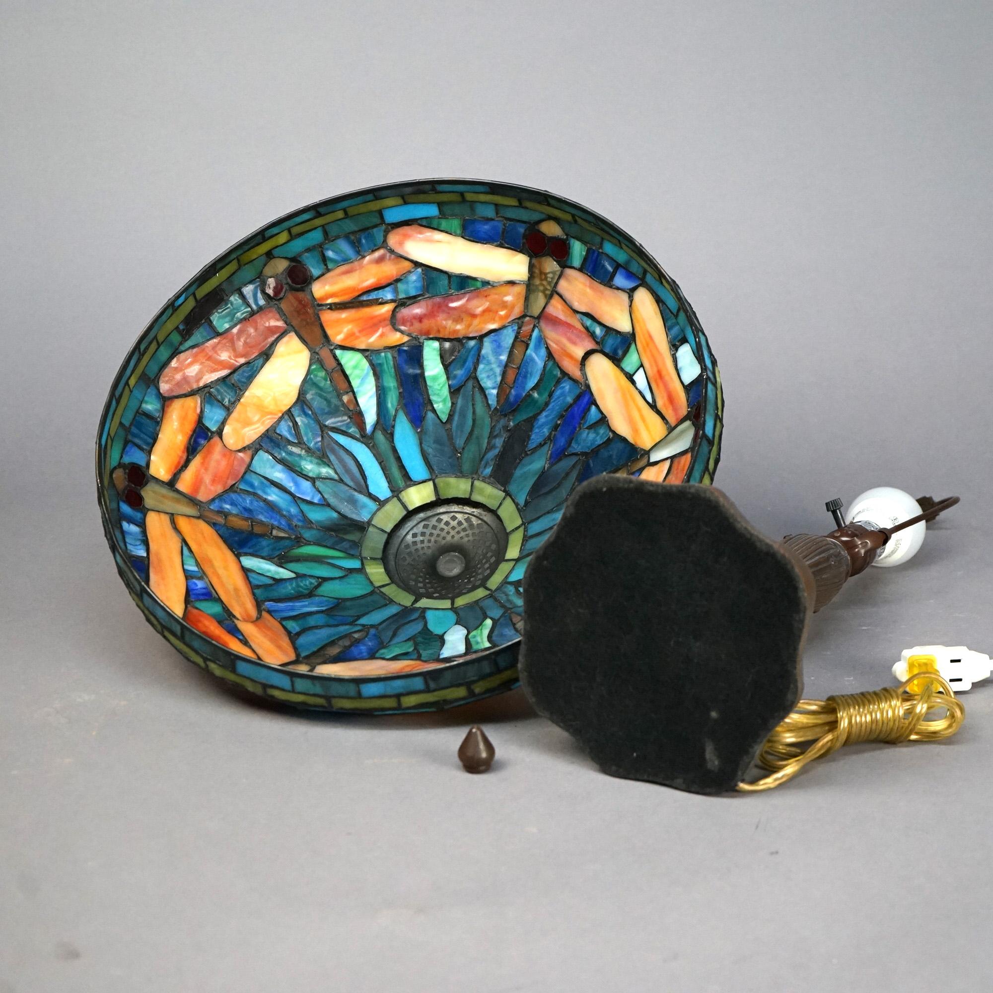 Tiffany School Dragonfly Leaded & Jeweled Glass Table Lamp, 20th Century 2