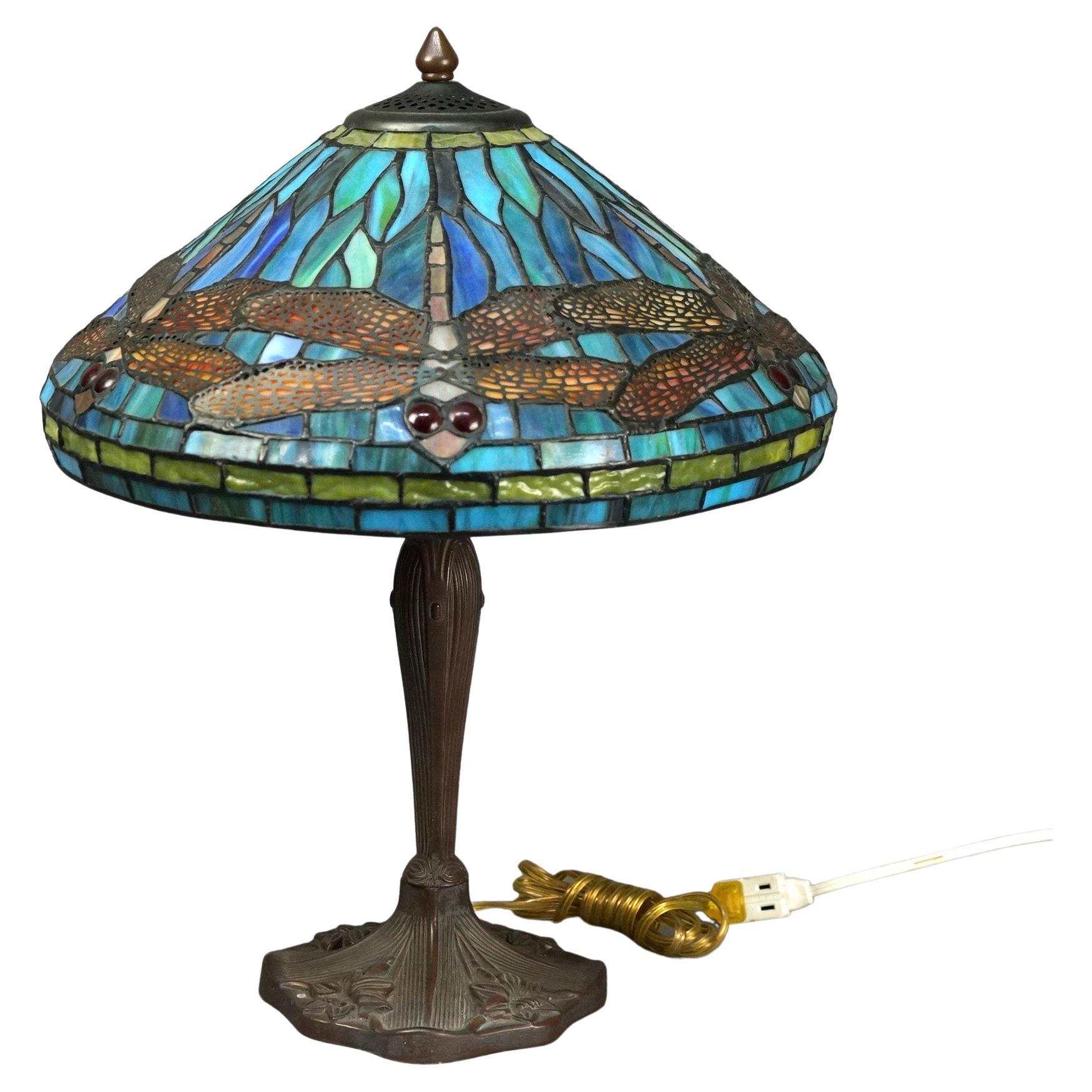 Tiffany School Dragonfly Leaded & Jeweled Glass Table Lamp, 20th Century For Sale