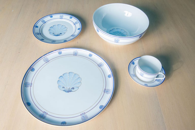 Very sought after Tiffany & Co. Limoges pattern: Shell & Thread. 
Set includes 40 pieces. Set includes: 12 flat cups and saucers; 1 extra flat cup;
13 Salad plates with shell in center 8.63