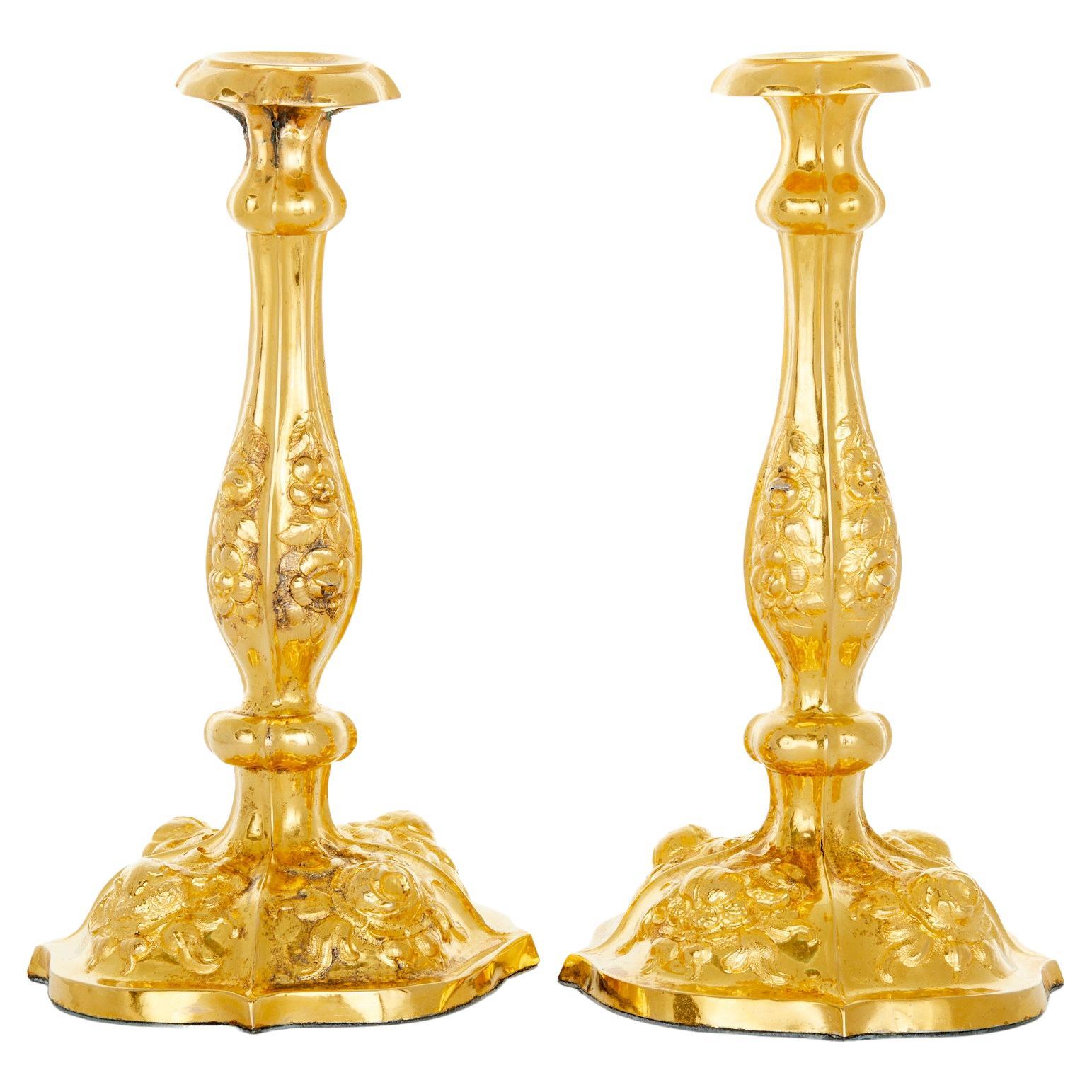 Tiffany & Co. Silver / Gilt Pair Continental Candlesticks For Sale