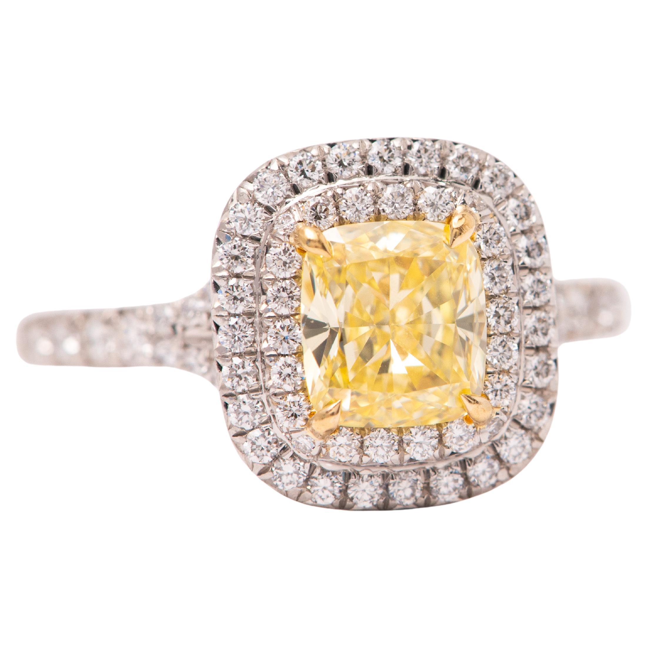 Tiffany Soleste 1 ct Cushion-cut Yellow Diamond Halo Engagement Ring in Platinum
