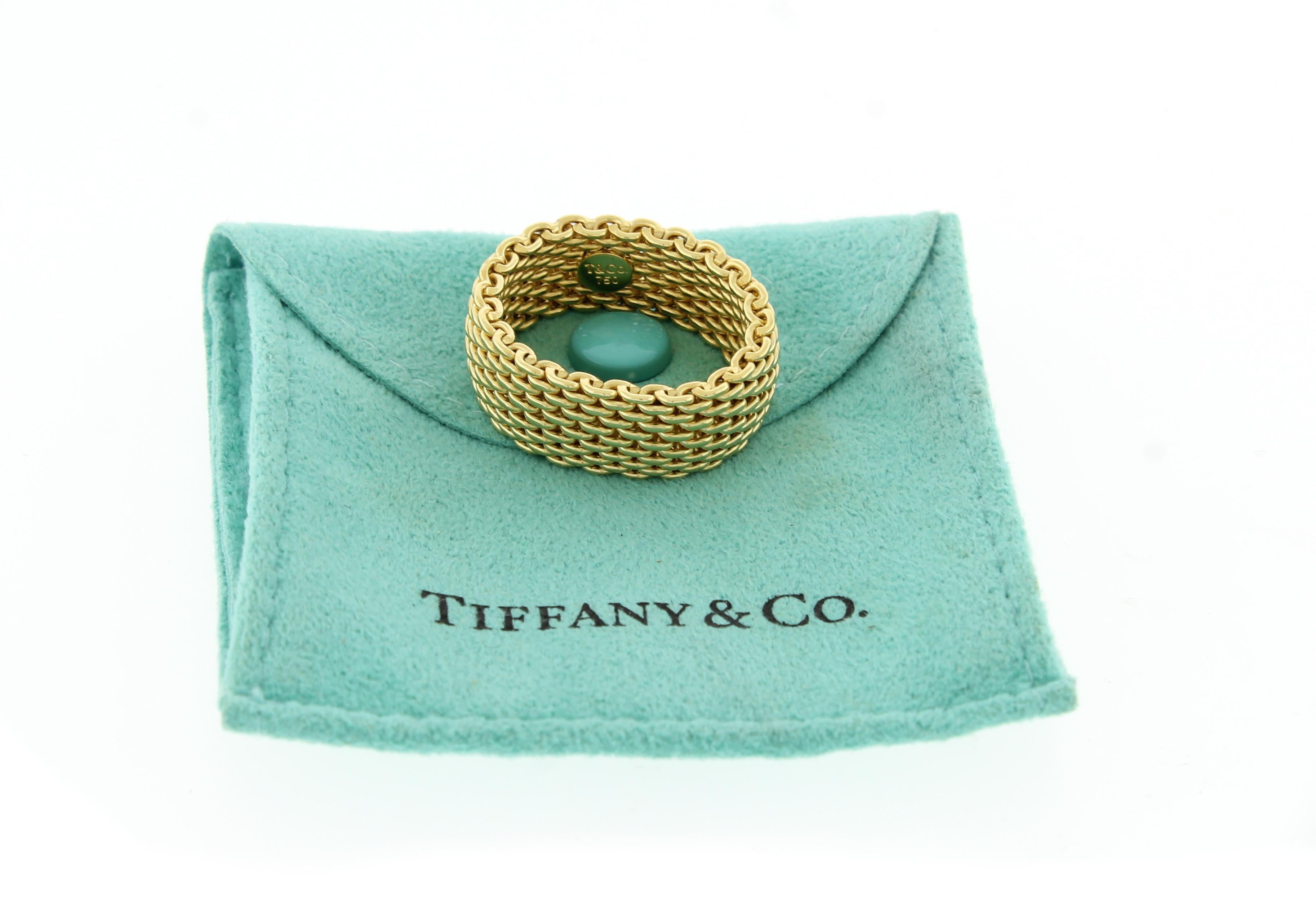 From Tiffany, the Somerset collection offers an 18 karat gold somerset mesh band ring.
• Designer Tiffany & Co.
• Metal: 18 karat gold
• Weight: 12.1 grams
• Width: 10mm
• Circa: 21st Century
• Size: 6 cannot be resized
• Packaging: Tiffany pouch
•