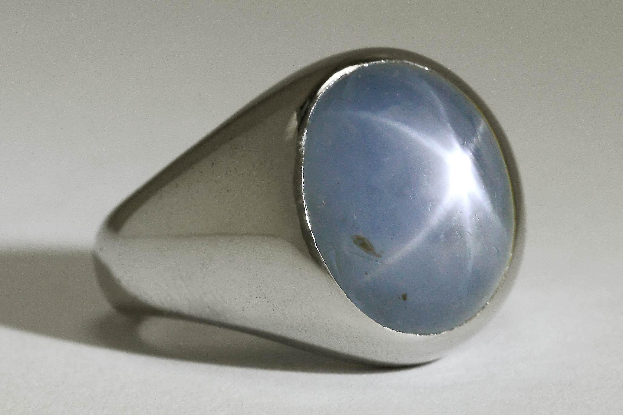 Art Deco Tiffany Star Sapphire Men's Ring 26 Ct Mid Century Platinum Blue Cabochon Dome