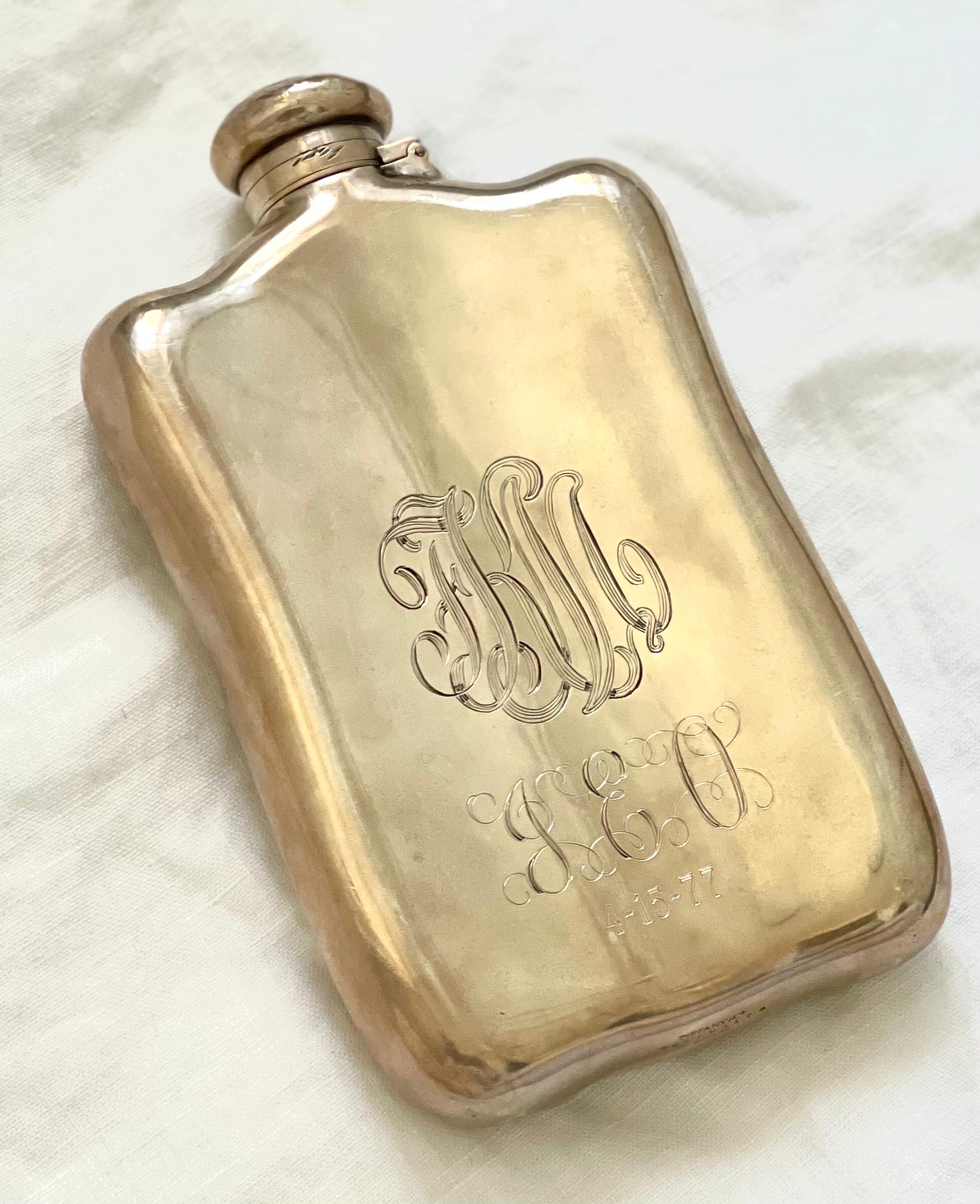 This Tiffany Sterling Silver Flask with full marks for 1882 might be the most fully articulated narrative in Tiffany flask history — and that’s saying a lot, given the talent of chasers and engravers for the firm in this period. Three top-hatted