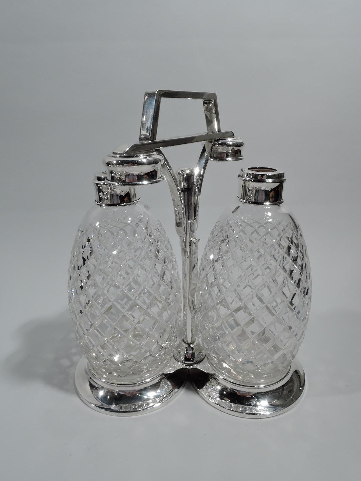 Mid-Century Modern Tiffany Sterling Silver Decanter Set with Hawkes Glass Bottles For Sale