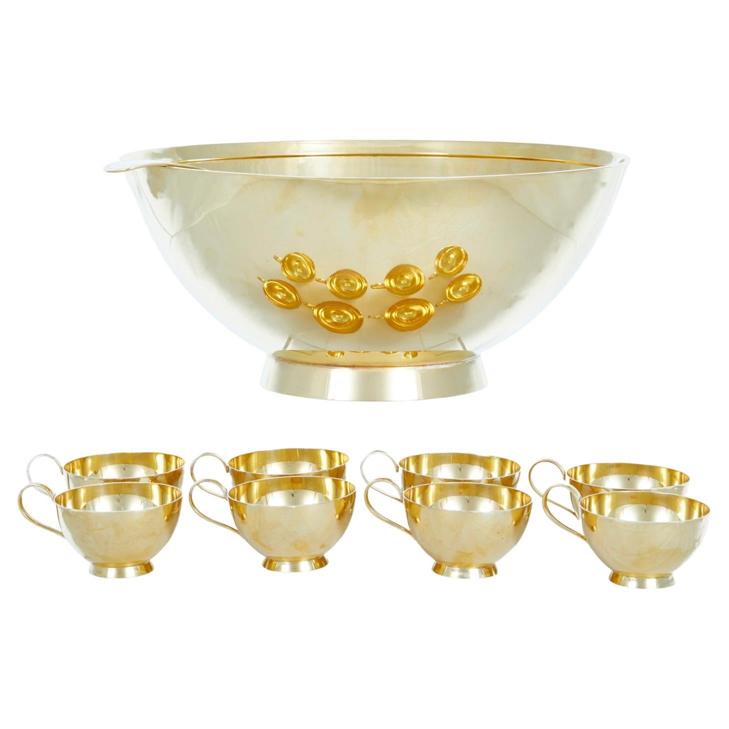 Tiffany & Co. Sterling Silver / Gilt Punch Bowl Service / 8 People