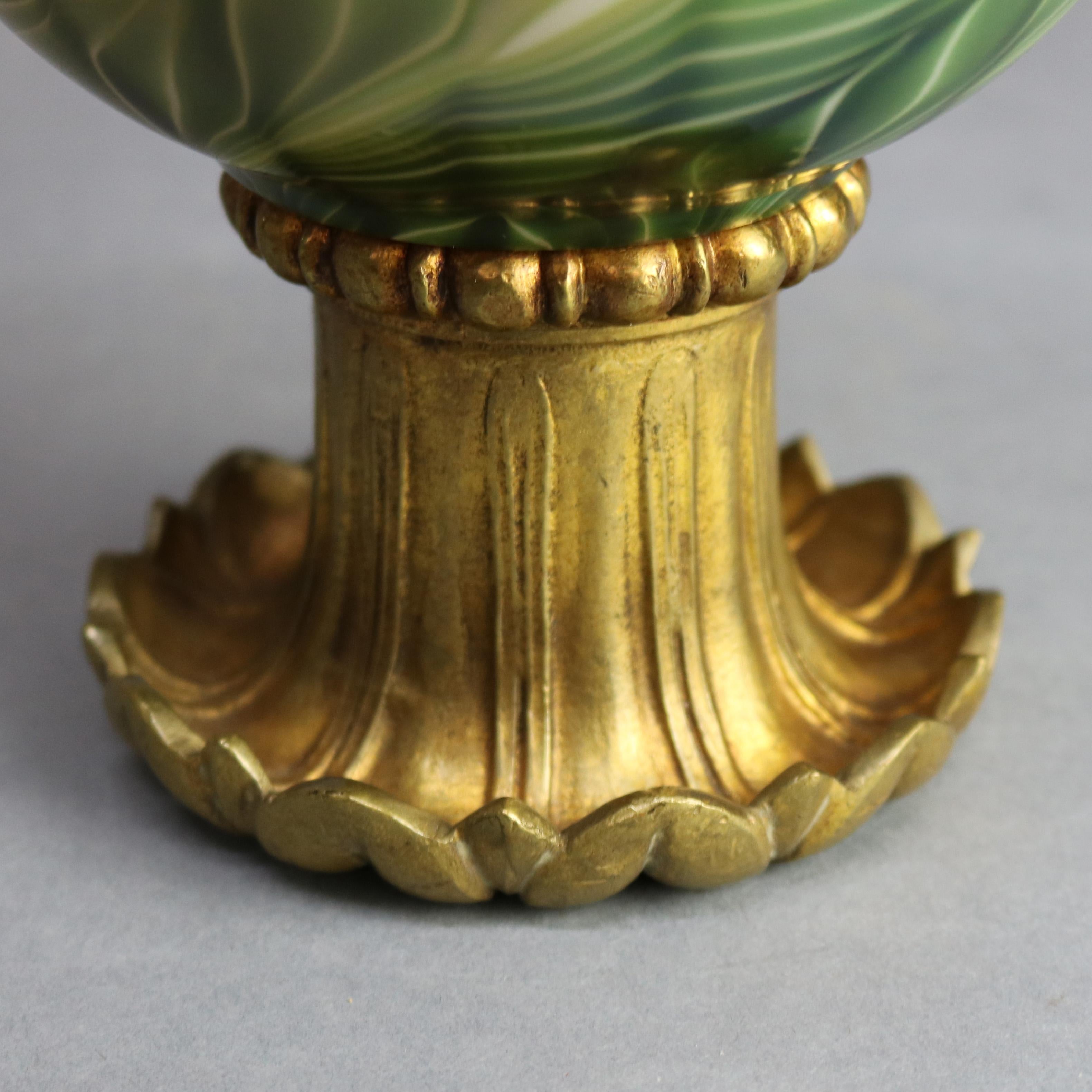 American Tiffany Studio Favrile Pulled Feather Art Glass & Gilt Bronze Chalice circa 1890