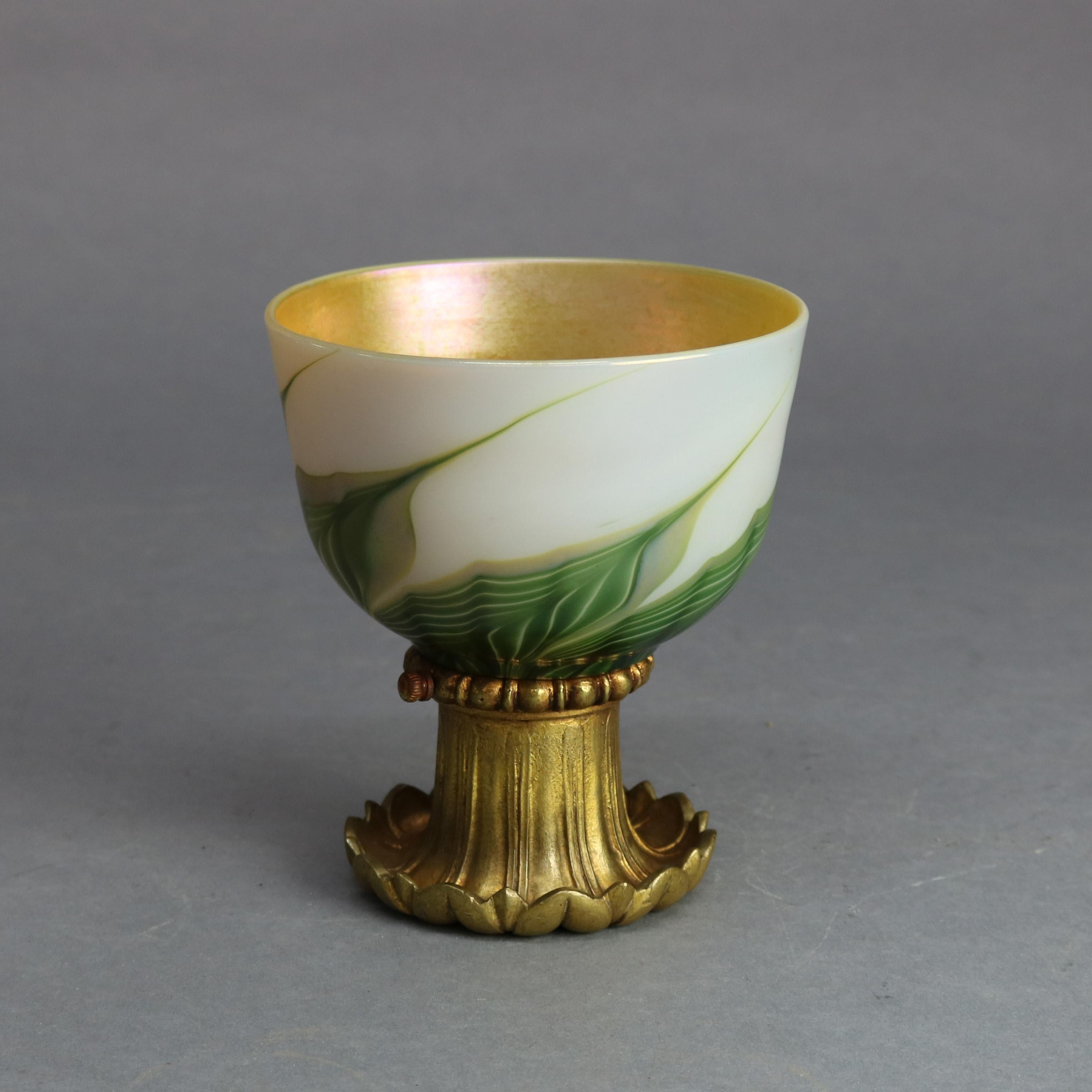 Tiffany Studio Favrile Pulled Feather Art Glass & Gilt Bronze Chalice circa 1890 1