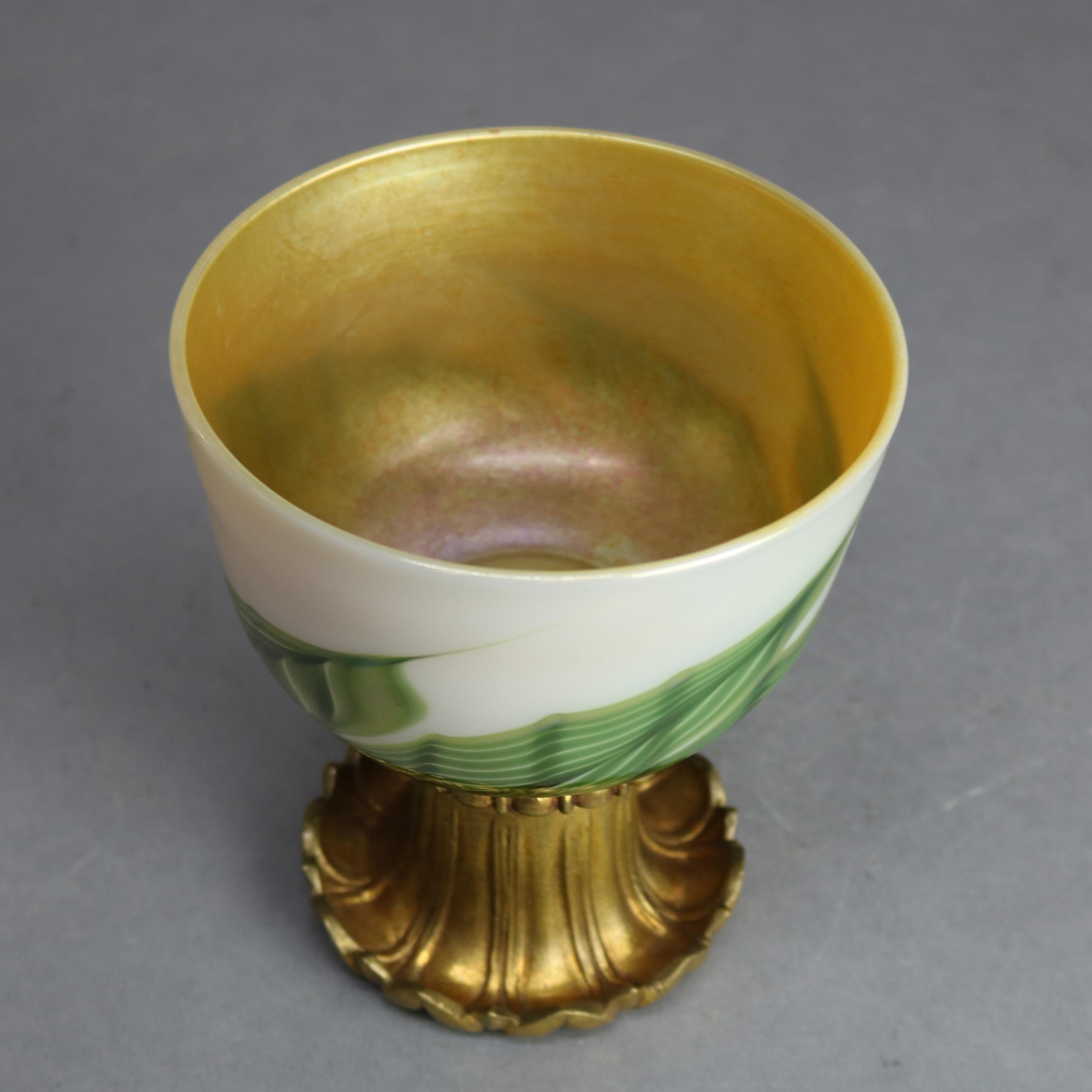 Tiffany Studio Favrile Pulled Feather Art Glass & Gilt Bronze Chalice circa 1890 2