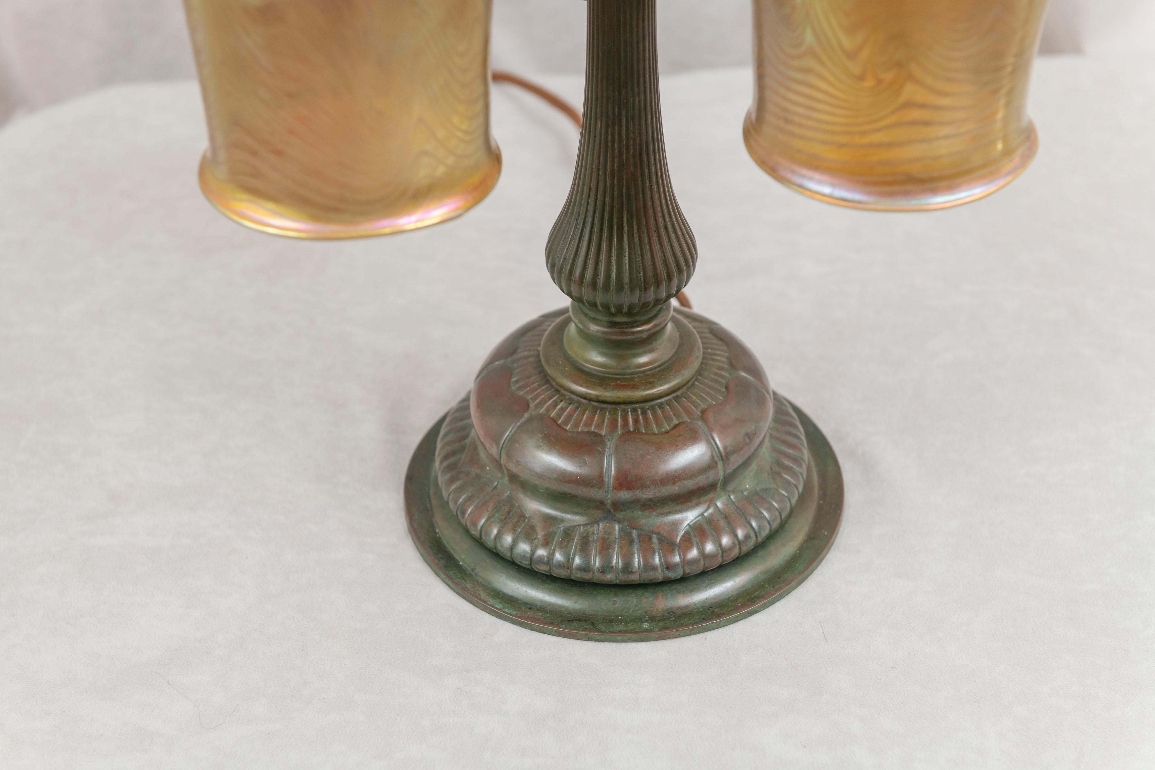 Bronze Tiffany Studios 3 Arm Table Lamp with 3 Hand Blown Tiffany Shades, Circa1905