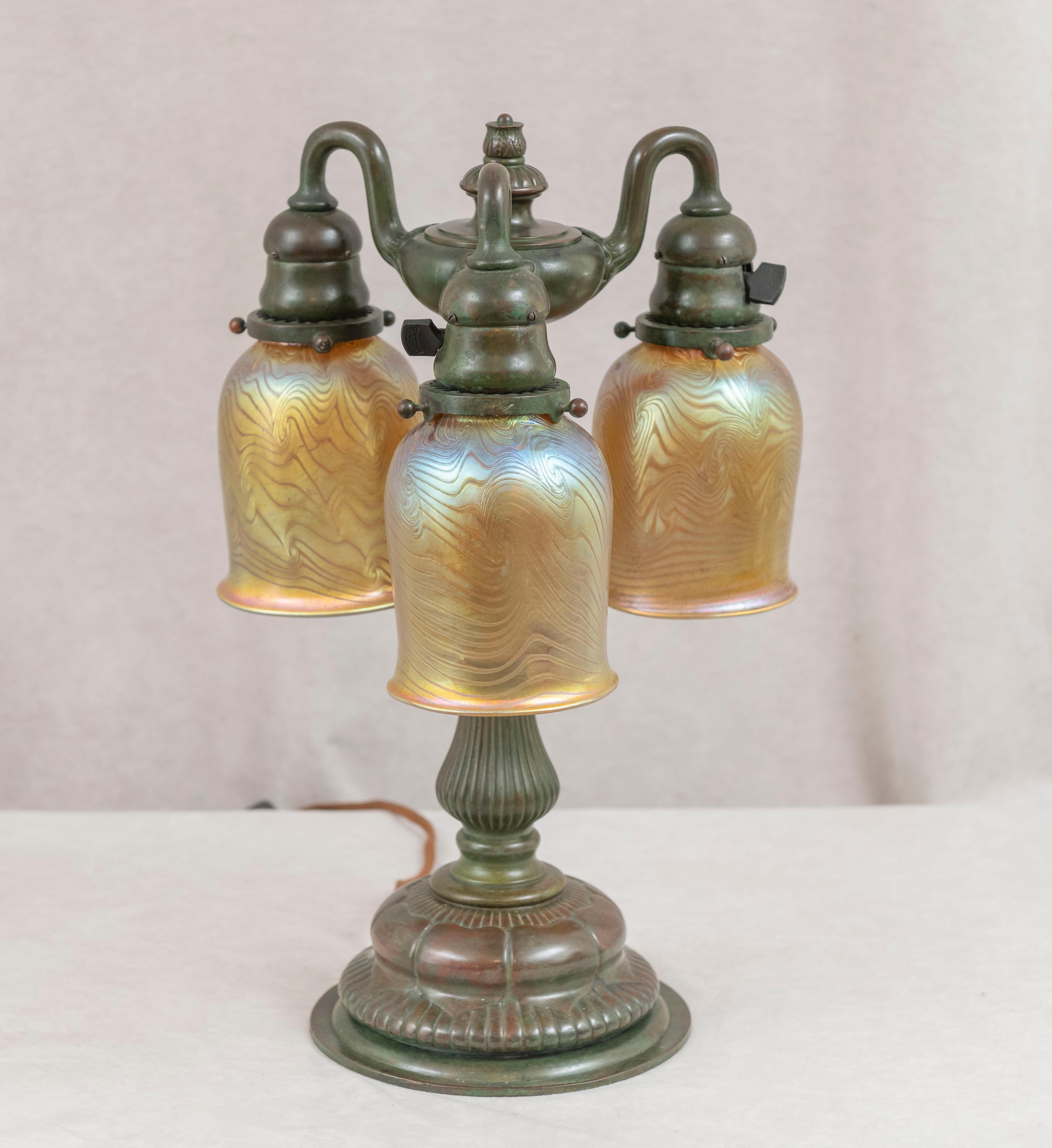 Art Nouveau Tiffany Studios 3 Arm Table Lamp with 3 Hand Blown Tiffany Shades, Circa1905