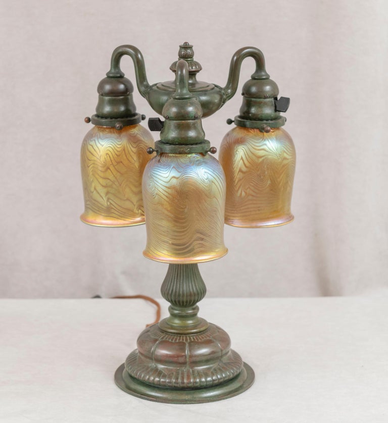American Tiffany Studios 3 Arm Table Lamp W/ 3 Hand Blown Tiffany Shades, ca.1905 For Sale