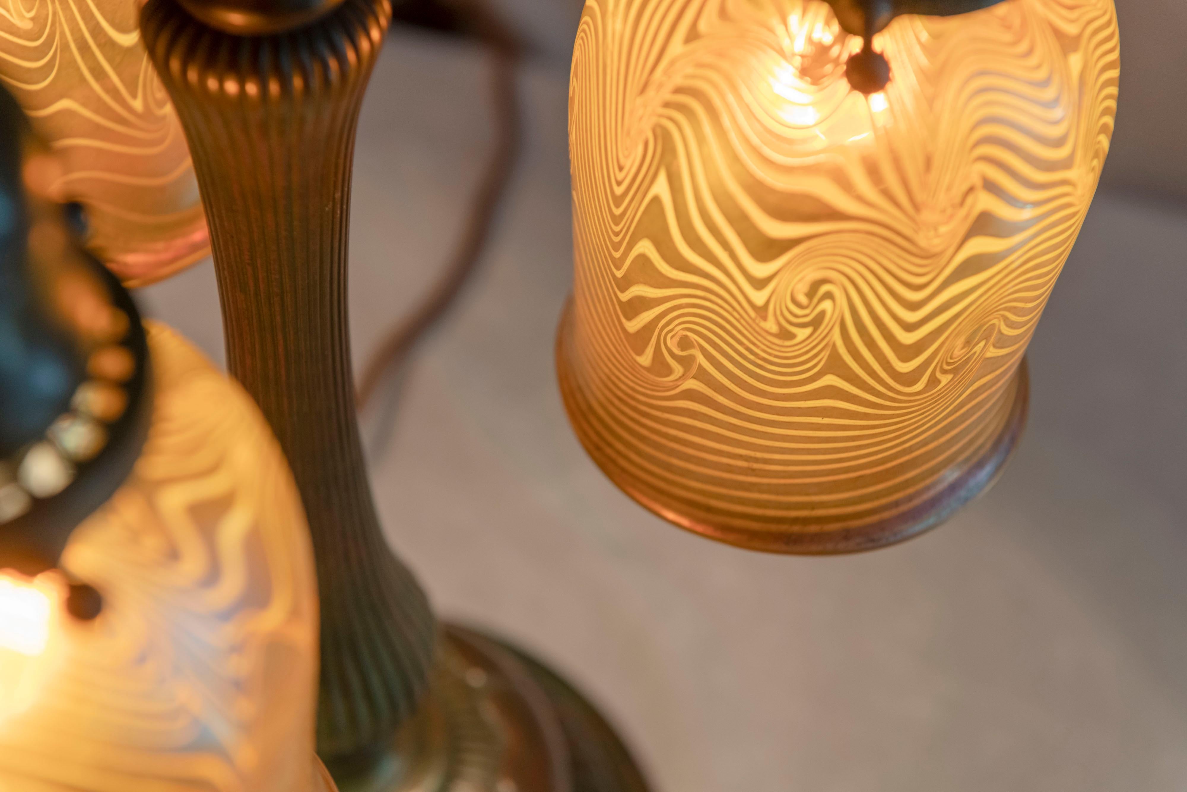 Hand-Crafted Tiffany Studios 3 Arm Table Lamp with 3 Hand Blown Tiffany Shades, Circa1905