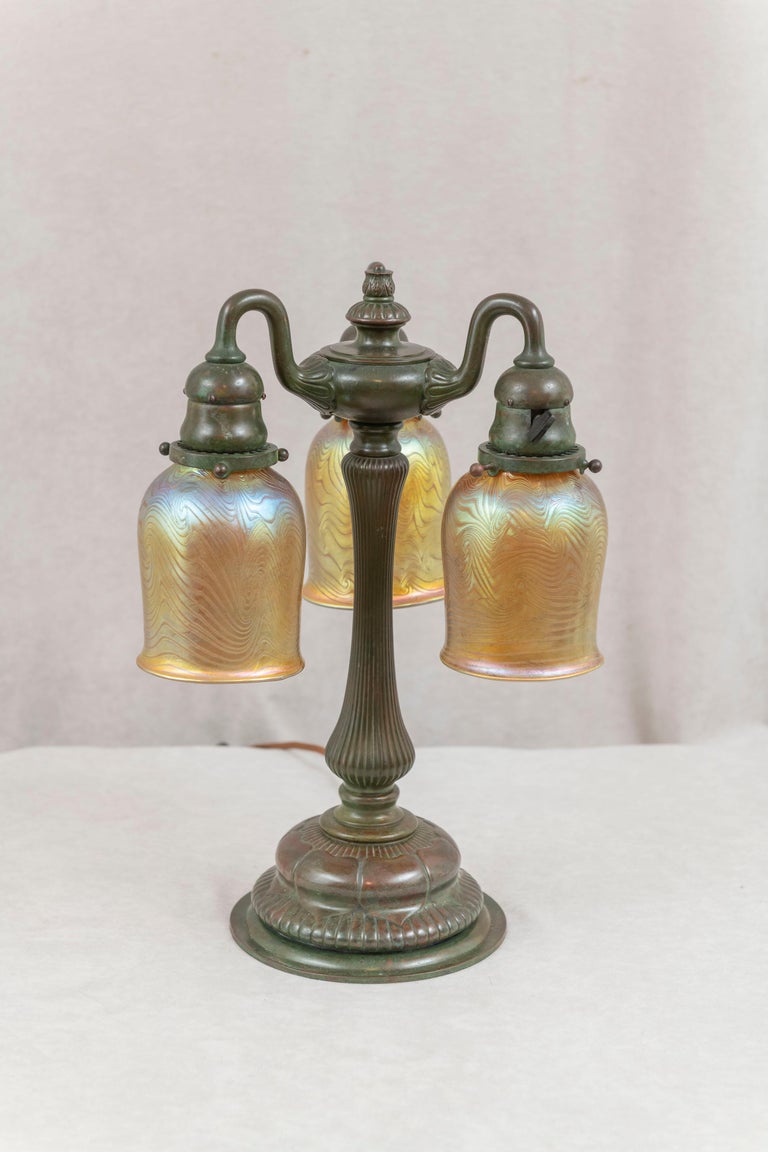 Bronze Tiffany Studios 3 Arm Table Lamp W/ 3 Hand Blown Tiffany Shades, ca.1905 For Sale