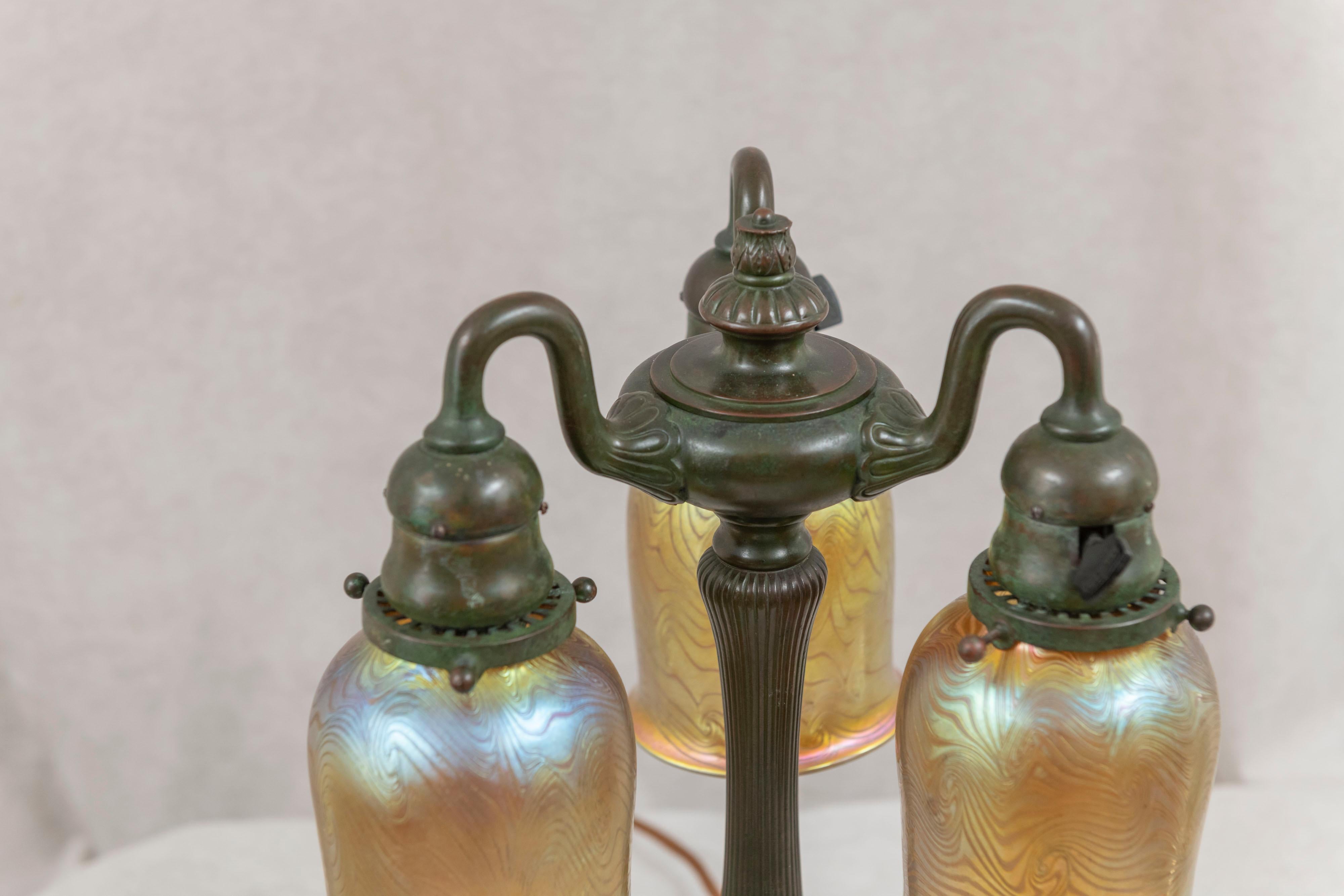 Early 20th Century Tiffany Studios 3 Arm Table Lamp with 3 Hand Blown Tiffany Shades, Circa1905