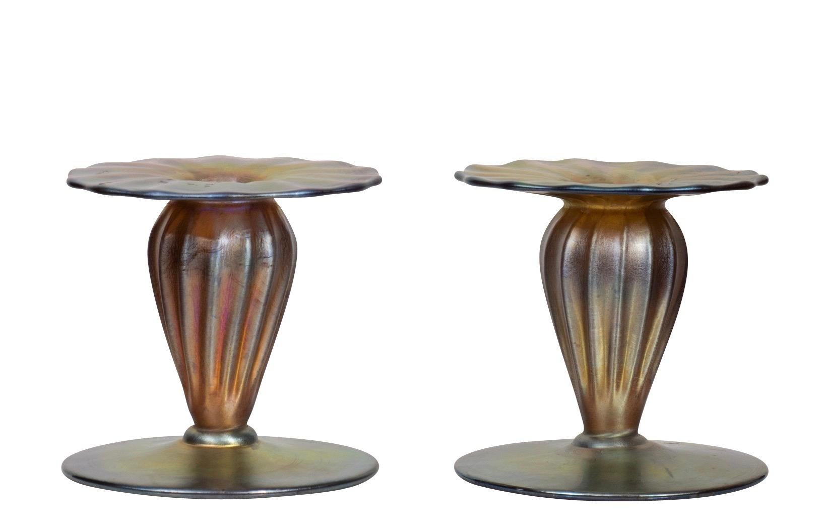 Tiffany Studios A Pair of Tiffany Favrile Glass Candlesticks For Sale 5